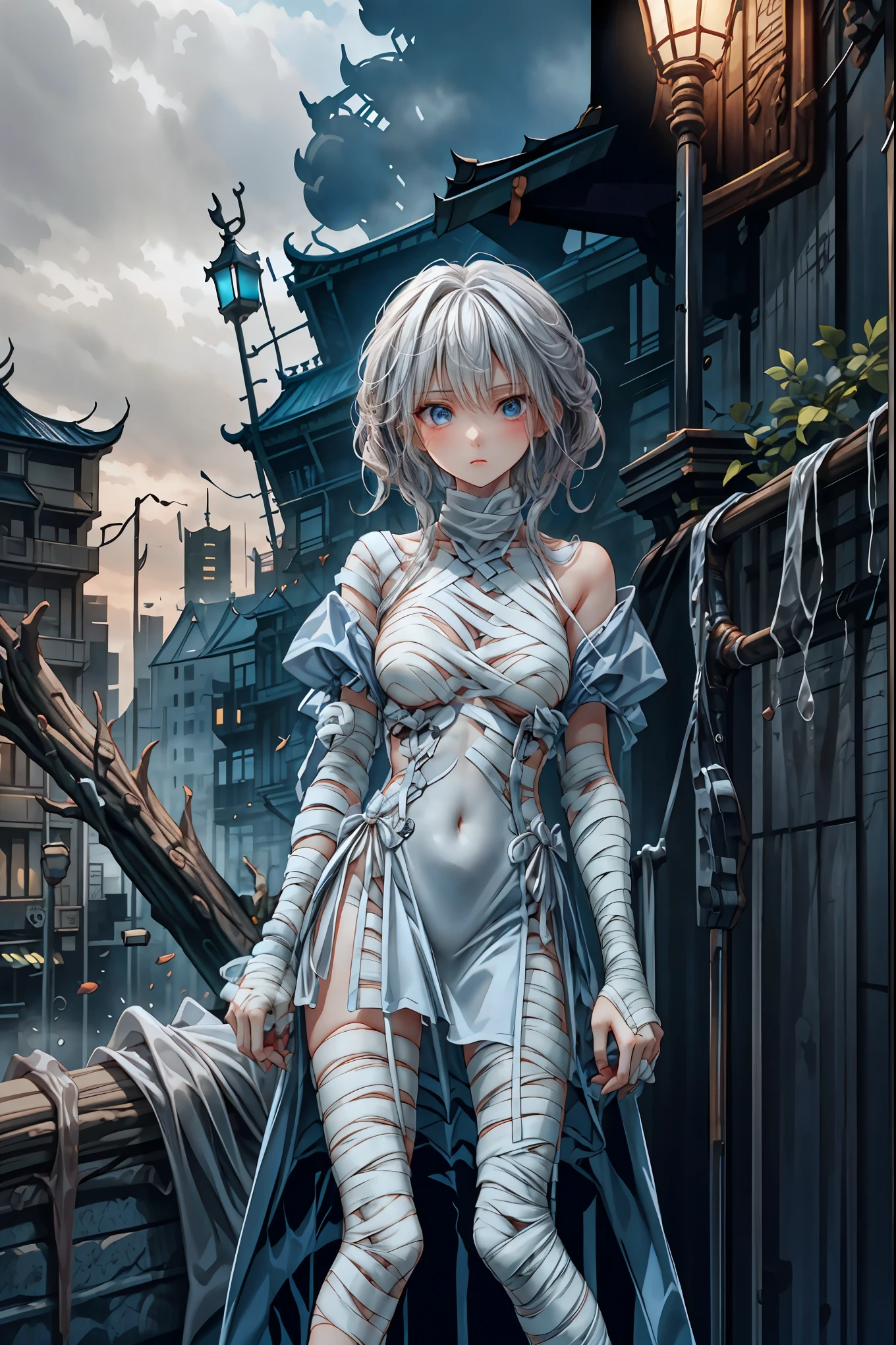 (((Bandage girl)))、Beautiful girl,Halloweenの夜,怪物に取り囲まれたCity, A girl being controlled by a monster , Transforming into a monster , A city filled with skyscrapers ,Cityの夜景

少女の傷付いた姿, A girl's expression is gloomy and gloomy ,frightened posture, A girl hiding her wounds with bandages , A monster's shadow creeps in the background , Surrounded by monsters ,Cityの高層ビルが立ち並ぶ夜景, A girl illuminated by the buildings , A dark, frightening atmosphere

masterpiece,4K,HDR,super precise,フォトreal,real,professional,vivid,horror,sf,dark,Halloween,dark atmosphere,fantastic,Gothic,City,Buildingscape 