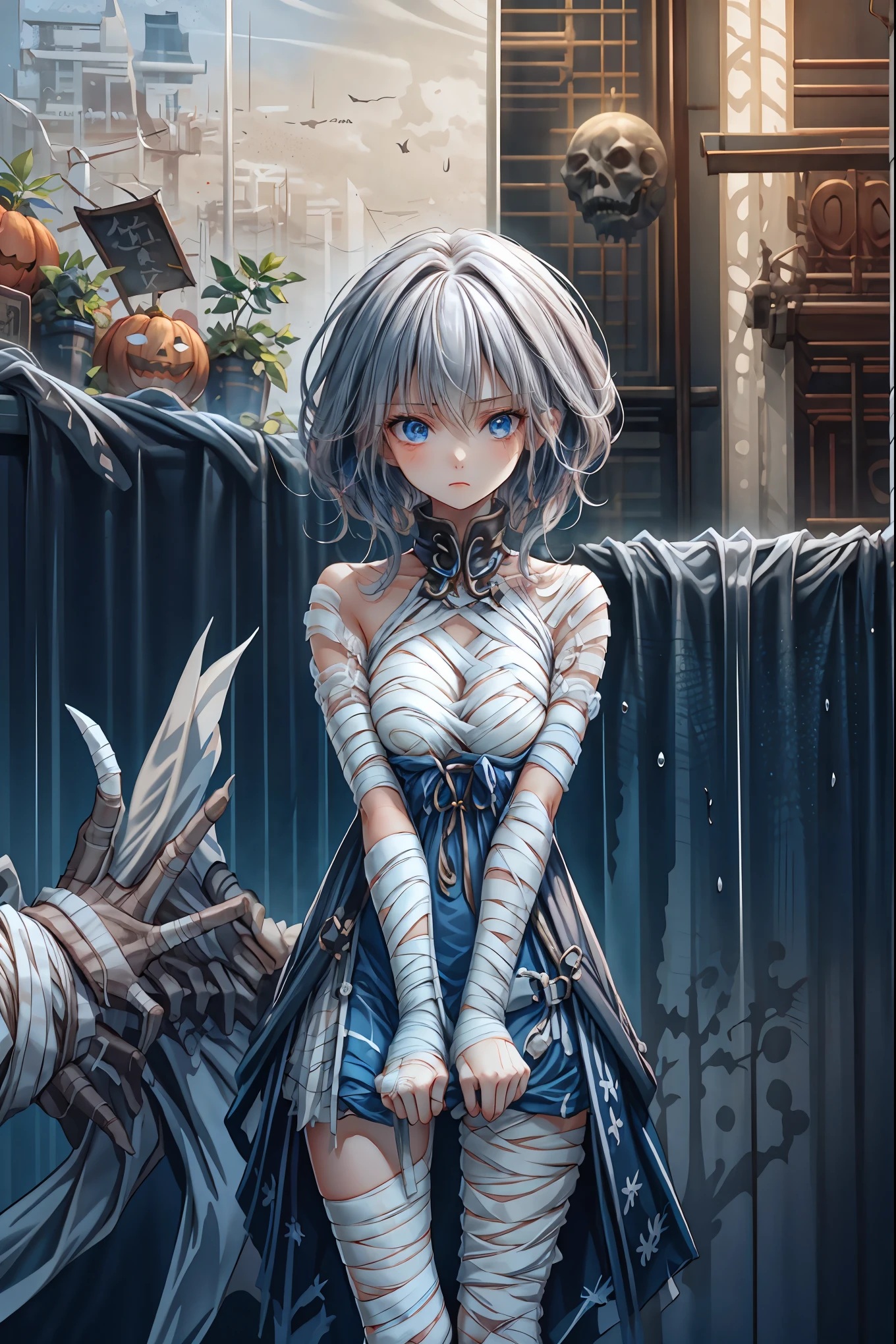 (((Bandage girl)))、Beautiful girl,Halloweenの夜,怪物に取り囲まれたCity, A girl being controlled by a monster , Transforming into a monster , A city filled with skyscrapers ,Cityの夜景
少女の傷付いた姿, A girl's expression is gloomy and gloomy ,frightened posture, A girl hiding her wounds with bandages , A monster's shadow creeps in the background , Surrounded by monsters ,Cityの高層ビルが立ち並ぶ夜景, A girl illuminated by the buildings , A dark, frightening atmosphere
masterpiece,4K,HDR,super precise,フォトreal,real,professional,vivid,horror,sf,dark,Halloween,dark atmosphere,fantastic,Gothic,City,Buildingscape