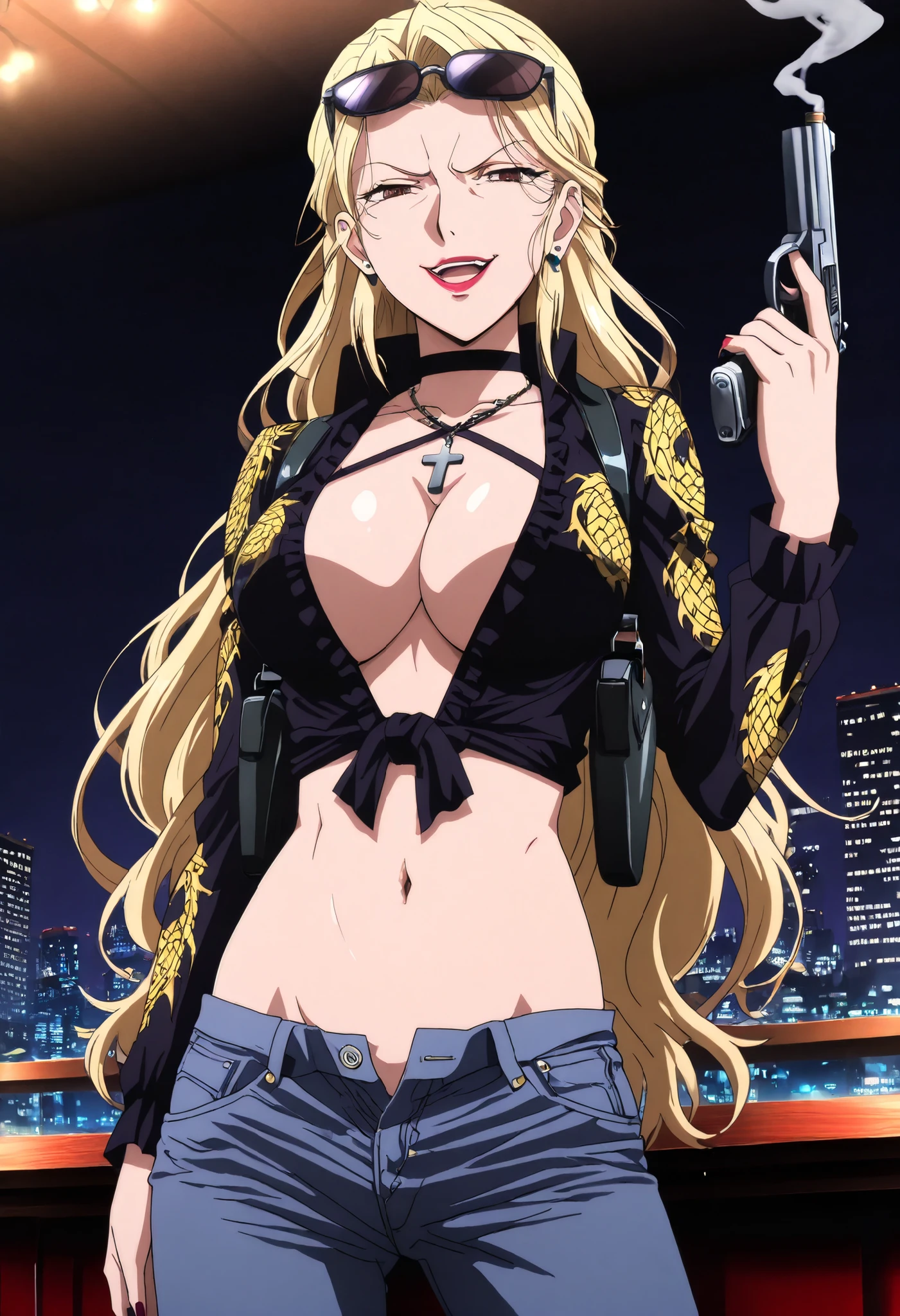 ((masterpiece)),(((best quality))),((ultra-detailed)),((illustration)),((disheveled hair)),((frills)),(1 girl),(solo), Lihtel \( Samayou Midara na Lunatics\),blonde hair,brown eyes,(anime coloring , anime screencap:1.2),(,mature,sexy, dominatrix,Smirk,1girl, dark_fantasy_illustration, black choker, cross necklace, gothic, Evil Smile, Malicious Smile, lipstick, nail polish, ear piercing, long hair, , lipstick, Hot girl, baddie, smoking, sensual, attractive ,choker, ,cross necklace,,bar background, inside bar, indoors, cityscape, casino, nightclub, city lights,, pull_down jeans(show off panties,:1.2, no panties),masterpiece,high quality,4k,belly,,holding pistol,cleavage, tied shirt,,unbuttoned shirt, collared shirt, knot, smile, open mouth, () , evil expression,belly, exposed navel, exposed midriff, exposed lower belly,dragon print jacket, unbuttoned jeans , low rise black jeans, Low rise jeans with open fly, motorcycle jacket, criss-cross halter with center opening, shoulder holster,, sunglasses on head,,, shoulder holster, medium , waist dragon tattoo, narrowed eyes, tattoo waist, , anime screencap , anime coloring, looking at viewer , v-shaped eyebrows,