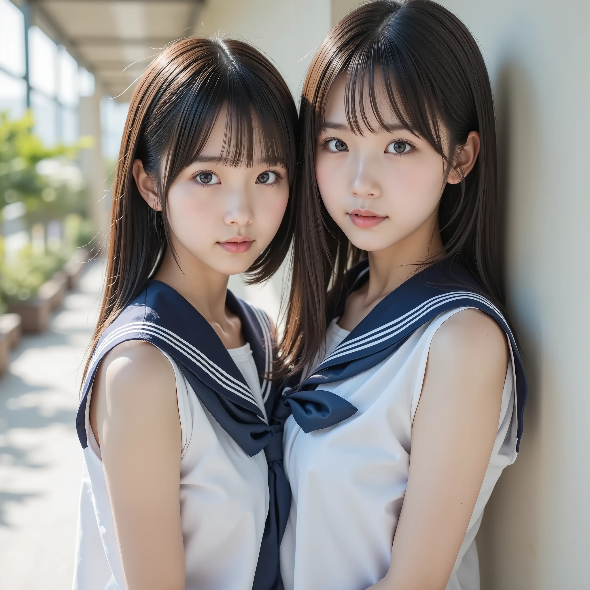 {{2girls,dark haired、Blonde}},photorealistic portrait of a Japanese high school student wearing a sailor, sailor,, cherry tree, Soft sunlight, shallow depth of field, Realistic Skin Texture, dslr style, full body, staring at the camera(Realistic, photo-Realistic:1.4), ( Highest Quality, masterpiece :1.2), Original photo , high image quality , complicated details, very detailed, vivid focus , Cinematic Lighting、Same height , ( very detailedなクリアフォーカス:1.5), BREAK, (full body, front map:1.5), ( and a beautiful Japanese beauty idol with super attention to detail:1.7), ( A couple of lilies , girls who ripped their clothes, tall girl and short girl :1.6), Two Japanese female idols leaning against the wall giving their husbands a kiss, ( Couple hugging each other tightly 、Kiss me gently :1.5), ( leaning against a wall outside the classroom , Xiaoyan, thin, Slim, Slender, thin legs, (Bare feet, thighs, sailor suit next to the eye, uniform:1.4), dark haired, ( completely finished, detailed face , beautiful detailed eyes , sophisticated nose ), white skin,
Photo Backgrounds , indoor, hallway,