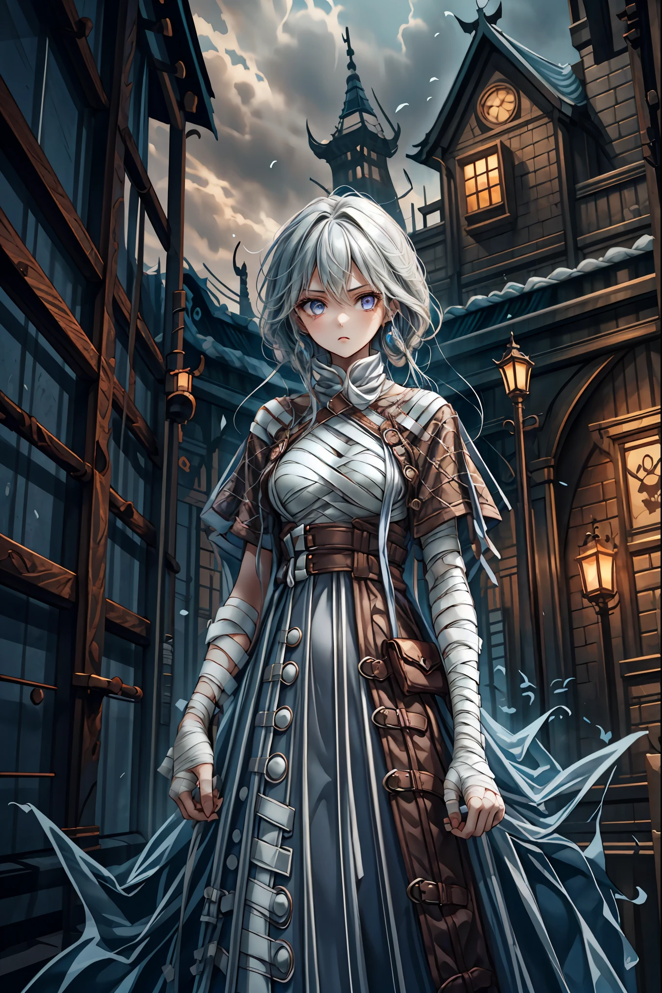 (((Bandage girl)))、Beautiful girl,Halloweenの夜,怪物に取り囲まれたCity, A girl being controlled by a monster , Transforming into a monster , A city filled with skyscrapers ,Cityの夜景
少女の傷付いた姿, A girl's expression is gloomy and gloomy ,frightened posture, A girl hiding her wounds with bandages , A monster's shadow creeps in the background , Surrounded by monsters ,Cityの高層ビルが立ち並ぶ夜景, A girl illuminated by the buildings , A dark, frightening atmosphere
masterpiece,4K,HDR,super precise,フォトreal,real,professional,vivid,horror,sf,dark,Halloween,dark atmosphere,fantastic,Gothic,City,Buildingscape