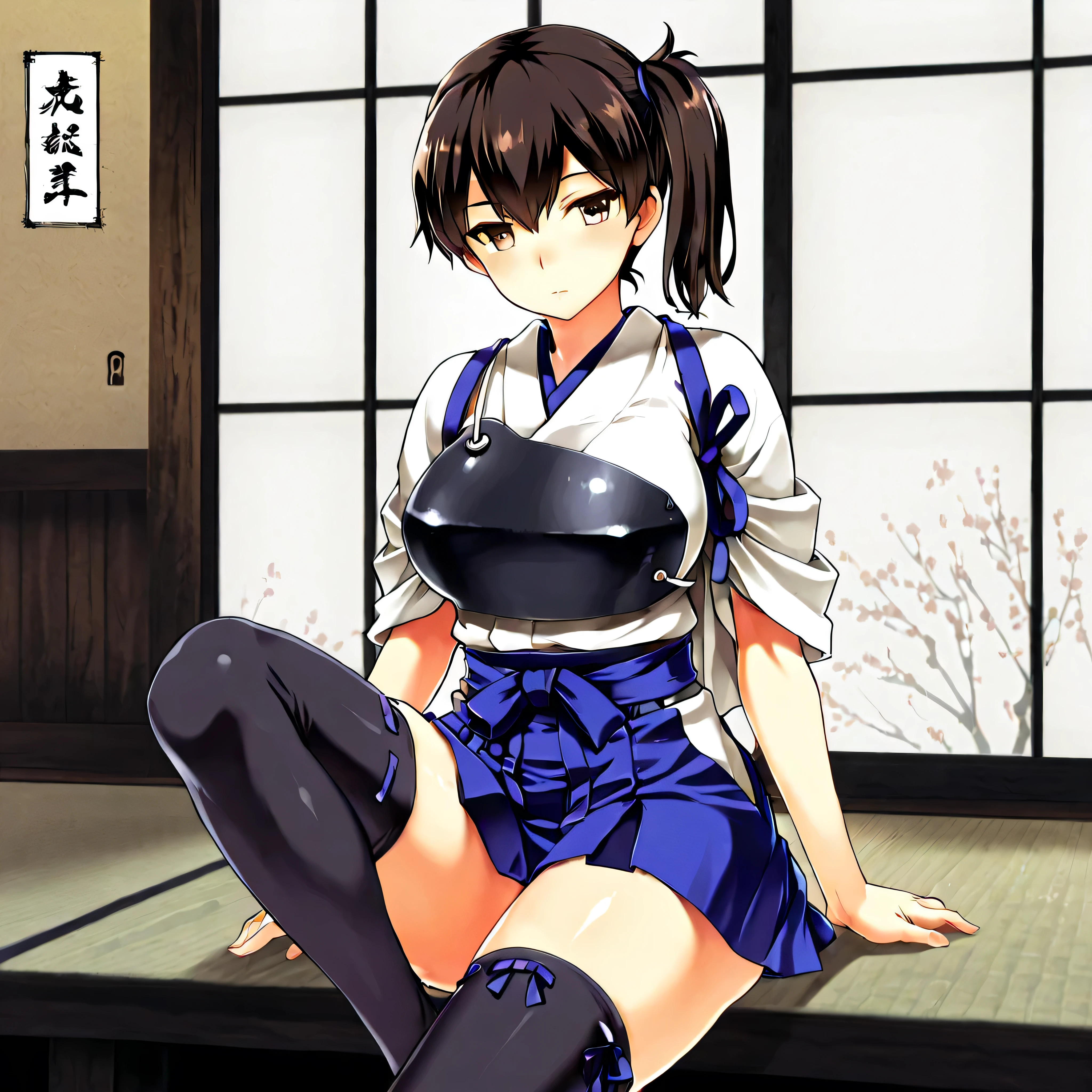 Kaga,Kantai Collection,skirt, Thigh High Socks, kimono, black Thigh High Socks, Absolute domain, hakama, hakama skirt, breastplate, tasuki,8k,beautiful,best quality,detailed,exquisite,extremely detailedfinely detailed,high quality,insanely detailed,masterpiece,ultra detailed,ultra highres,ultra quality,