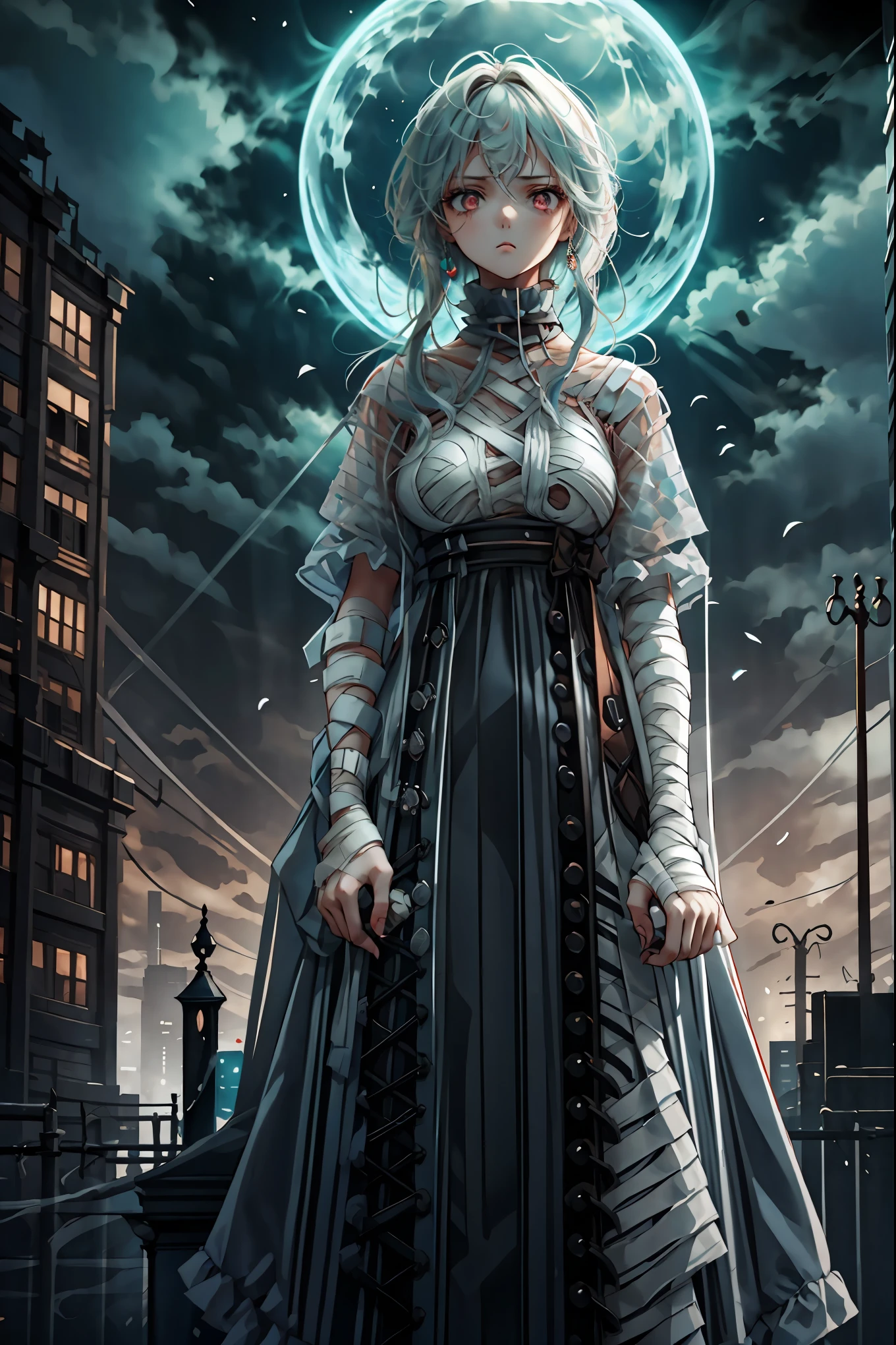 (((Bandage girl)))、Beautiful girl,Halloweenの夜,怪物に取り囲まれたCity, A girl being controlled by a monster , Transforming into a monster , A city filled with skyscrapers ,Cityの夜景
少女の傷付いた姿, A girl's expression is gloomy and gloomy ,frightened posture, A girl hiding her wounds with bandages , A monster's shadow creeps in the background , Surrounded by monsters ,Cityの高層ビルが立ち並ぶ夜景, A girl illuminated by the buildings , A dark, frightening atmosphere
masterpiece,4K,HDR,super precise,フォトreal,real,professional,vivid,horror,sf,dark,Halloween,dark atmosphere,fantastic,Gothic,City,Buildingscape