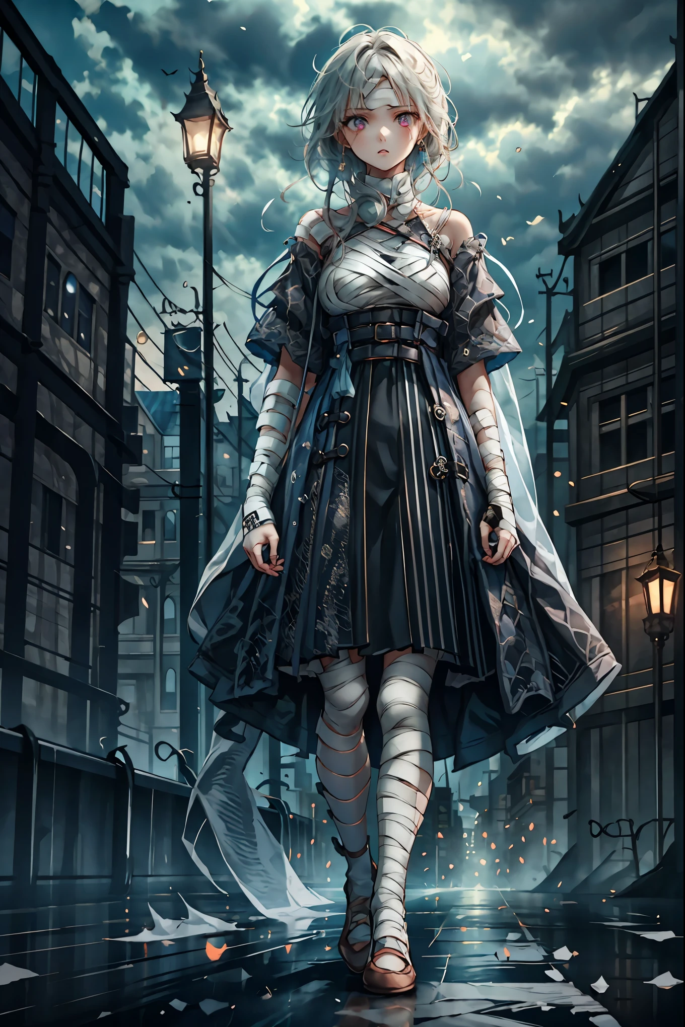 (((Bandage girl)))、Beautiful girl,Halloweenの夜,怪物に取り囲まれたCity, A girl being controlled by a monster , Transforming into a monster , A city filled with skyscrapers ,Cityの夜景
少女の傷付いた姿, A girl's expression is gloomy and gloomy ,frightened posture, A girl hiding her wounds with bandages , A monster's shadow creeps in the background , Surrounded by monsters ,Cityの高層ビルが立ち並ぶ夜景, A girl illuminated by the buildings , A dark, frightening atmosphere
masterpiece,4K,HDR,super precise,フォトreal,real,professional,vivid,horror,sf,dark,Halloween,dark atmosphere,fantastic,Gothic,City,Buildingscape