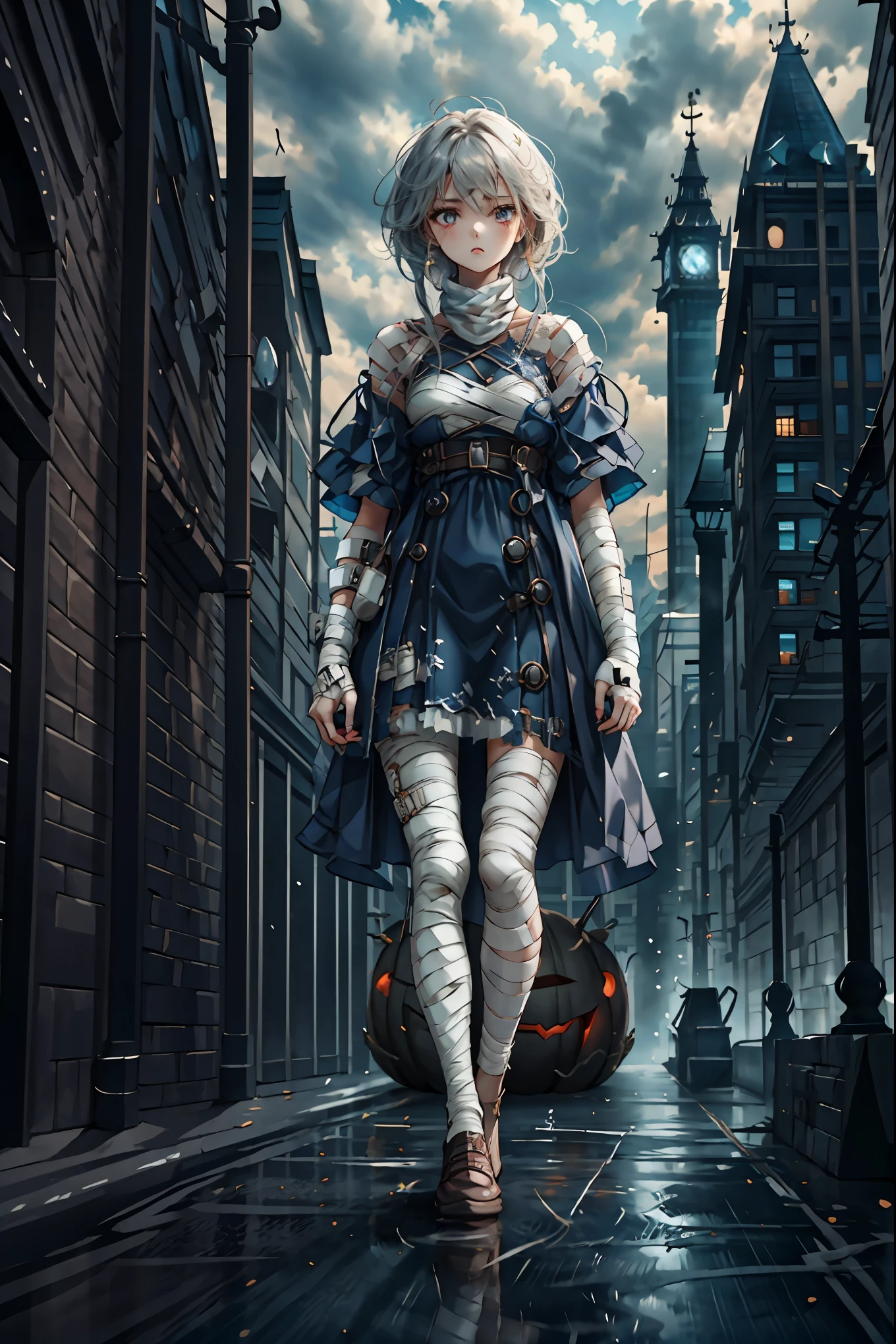 (((Bandage girl)))、Beautiful girl,Halloweenの夜,怪物に取り囲まれたCity, A girl being controlled by a monster , Transforming into a monster , A city filled with skyscrapers ,Cityの夜景
少女の傷付いた姿, A girl's expression is gloomy and gloomy ,frightened posture, A girl hiding her wounds with bandages , A monster's shadow creeps in the background , Surrounded by monsters ,Cityの高層ビルが立ち並ぶ夜景, A girl illuminated by the buildings , A dark, frightening atmosphere
masterpiece,4K,HDR,super precise,フォトreal,real,professional,vivid,horror,sf,dark,Halloween,dark atmosphere,fantastic,Gothic,City,Buildingscape