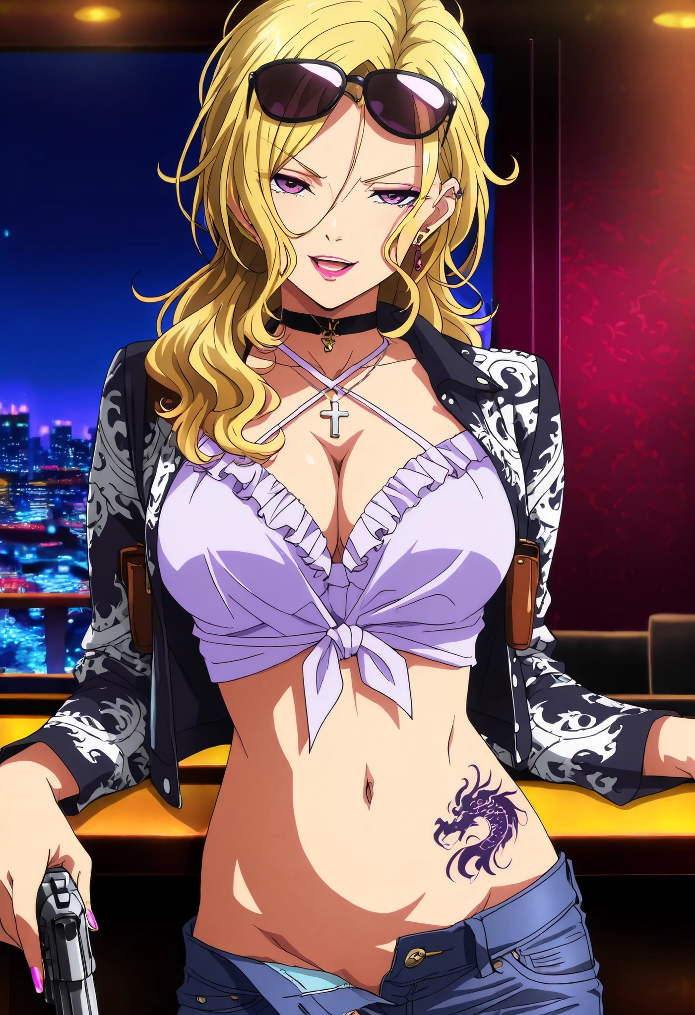 ((masterpiece)),(((best quality))),((ultra-detailed)),((illustration)),((disheveled hair)),((frills)),(1 girl),(solo), Rui \( Okusama no Kaifuku Jutsu\), blonde hair, long hair, purple eyes, lips, lipstick, makeup,mature,sexy, (anime coloring, anime screencap:1.2), 1girl,,, solo,, lipstick, nail polish, ear piercing, long hair, , lipstick, Hot girl, baddie, smoking, sensual, attractive ,choker, ,cross necklace, bar background, inside bar, indoors, cityscape, casino, nightclub, city lights,, pull_down jeans(show off panties,:1.2, no panties),masterpiece,high quality,4k,belly,,holding pistol,cleavage, tied shirt,,unbuttoned shirt, collared shirt, knot, smile, open mouth, () , evil expression,belly, exposed navel, exposed midriff, exposed lower belly,dragon print jacket, unbuttoned jeans , low rise black jeans, Low rise jeans with open fly, motorcycle jacket, criss-cross halter with center opening, shoulder holster,, sunglasses on head,,, shoulder holster, medium , waist dragon tattoo, narrowed eyes, tattoo waist, , anime screencap , anime coloring, looking at viewer , v-shaped eyebrows,