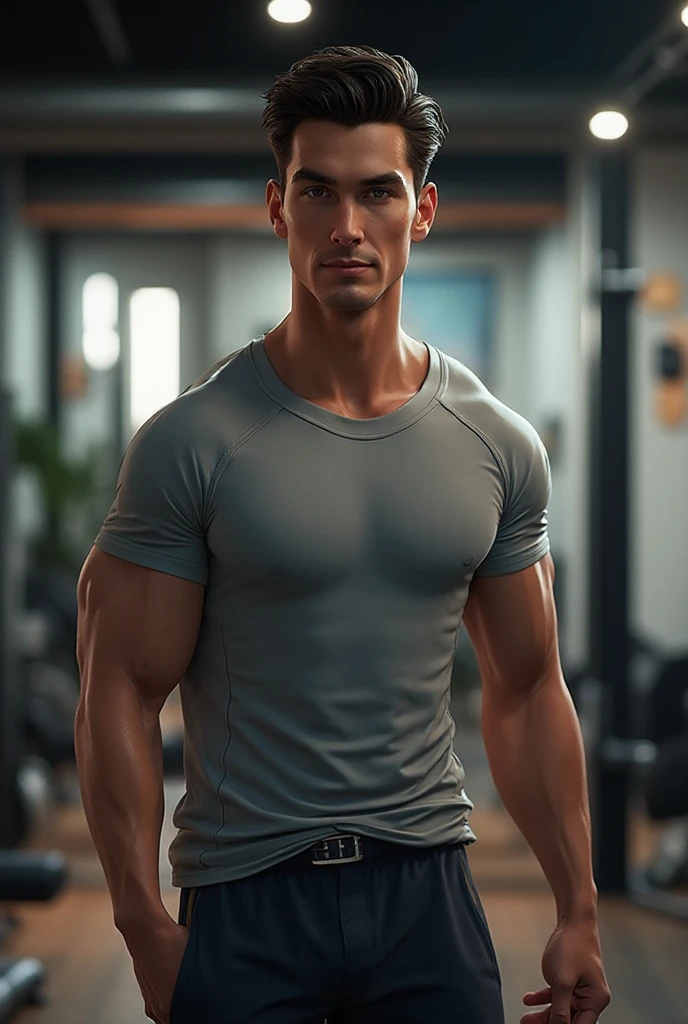 A physical education teacher，Masculine and handsome，The stubble is obvious，Powerful body shape，Sunny and cheerful。