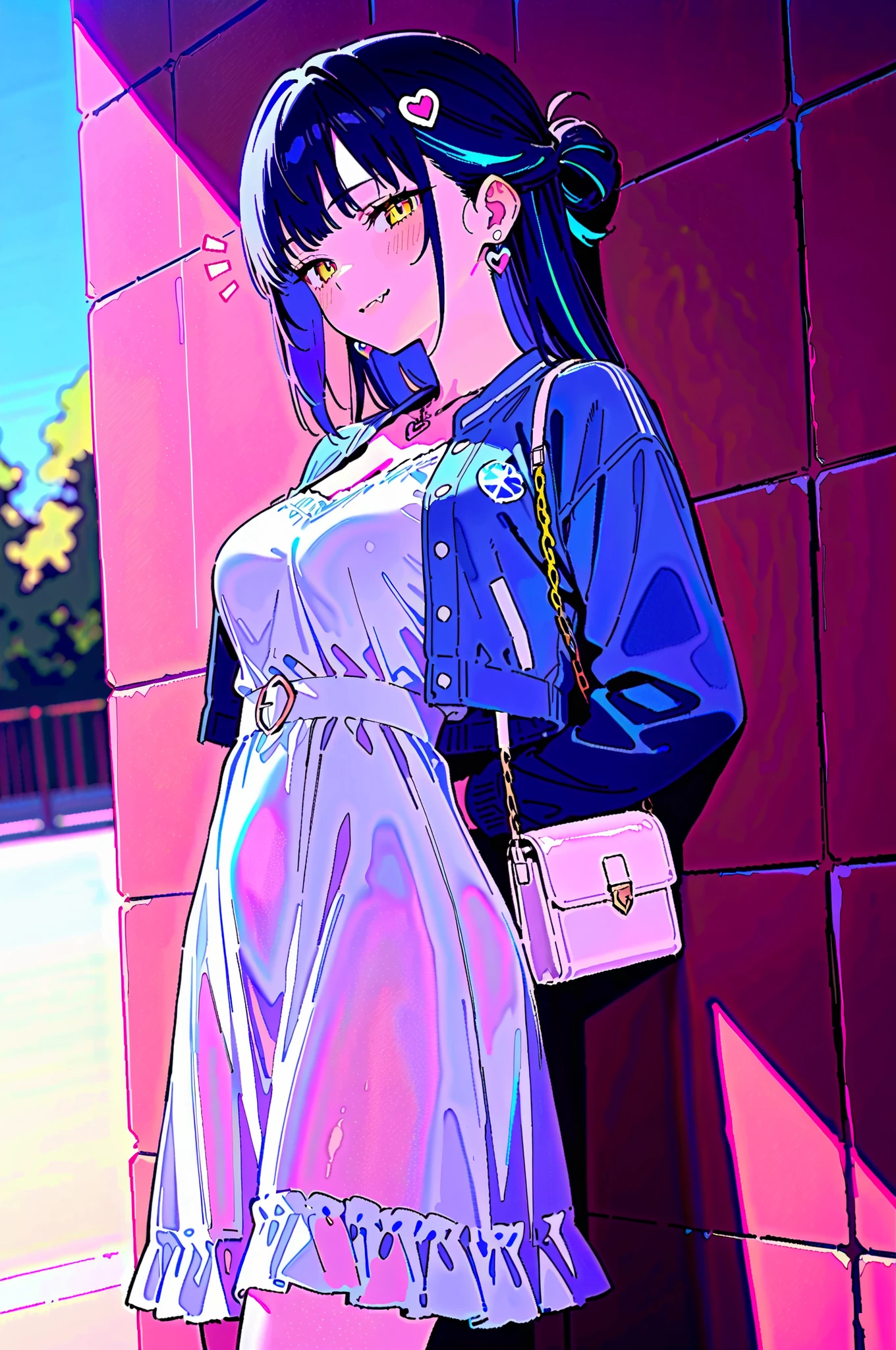 masterpiece, best quality, amazing quality, 1girl, mx2j, sos adult, (wagashi \(dagashiya\):0.9), (healthyman:0.7), (sincos:0.6), (gogalking:0.5), medium breasts, GFLP, dark blue hair, blue streaked hair, bangs, single hair bun, half updo, yellow eyes, multicolored eyes, heart hair ornament, heart earrings, heart necklace, white dress, sundress, medium dress, frills, blue jacket, cropped jacket, scoop neckline, long sleeves, chain, white bag, handbag, from side, standing, ((against wall, leaning back)), day, arms behind back, parted lips, :o, fang, notice lines, [arched back], light smile, blush, cowboy shot, dutch angle, face focus, looking at viewer,