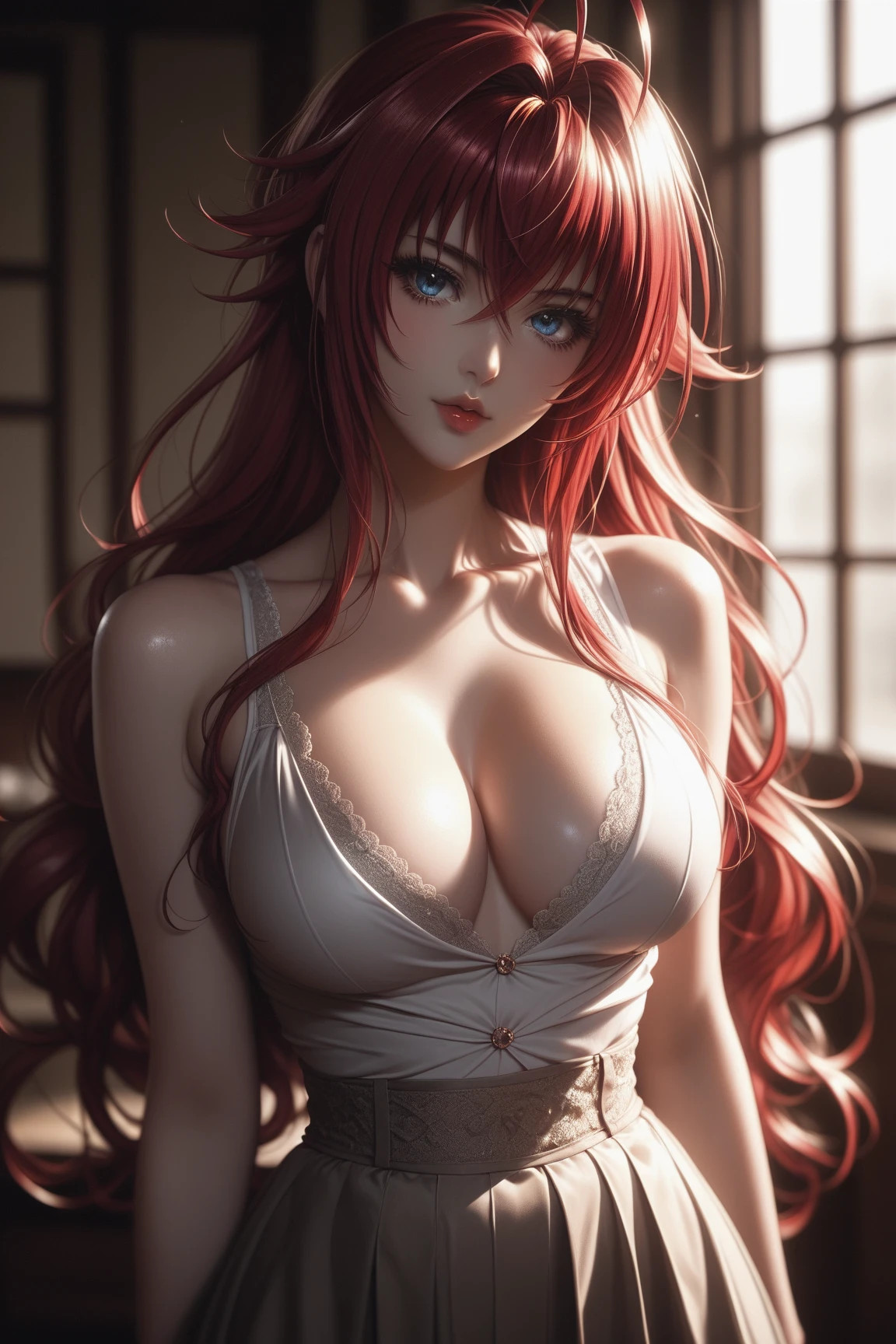 (masterpiece, best quality), intricate details, thin, ((slim)), beautiful girl, red hair, red eyes, white skin, sharp jawline, suit, messy hair, lips, smirk, dynamic pose,