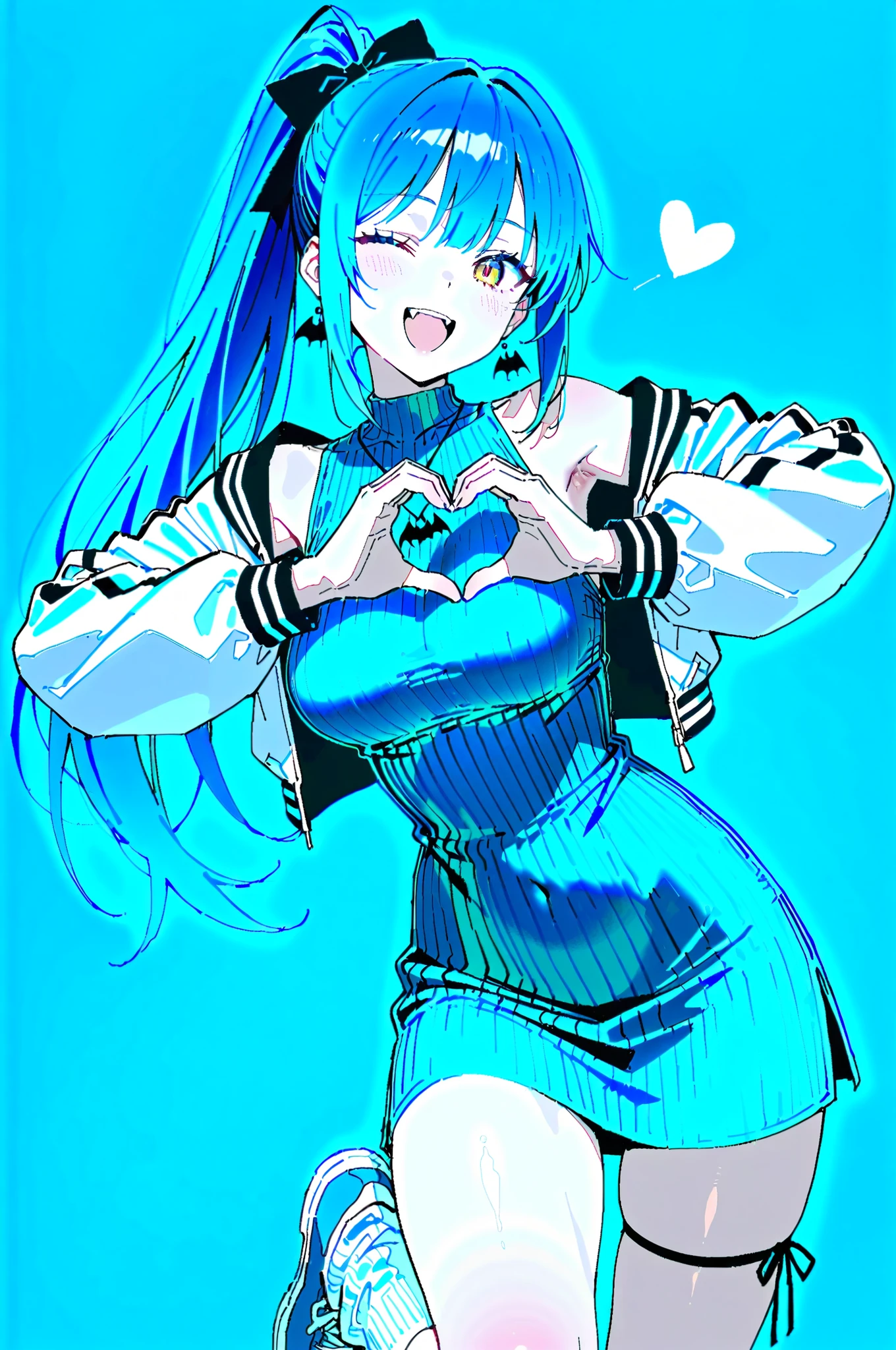 masterpiece, best quality, amazing quality, 1girl, mx2j, sos adult, (wagashi \(dagashiya\):0.9), (healthyman:0.7), (sincos:0.6), (gogalking:0.5), NNLP, yellow eyes, multicolored eyes, dark blue hair, sidelocks, blue streaked hair, long hair, high ponytail, hair bow, black bow, side ponytail, bat earrings, bat necklace, blue dress, ribbed dress, blue dress, sleeveless dress, short dress, letterman jacket, cropped jacket, white jacket, single bare shoulder, black sleeves, thigh ribbon, white socks, kneehighs, loose socks, blue footwear, from front, standing on one leg, heart hands, one eye closed, looking at viewer, medium breasts, foot up, open mouth, upper teeth only, fangs, blue background, simple background, leaning to the side, :d, cowboy shot,