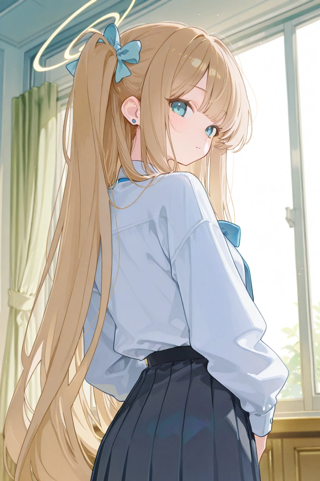 golden hair、(gold eye degree:1.5)、one side up、ヘアribbon、ribbon、length、break the blazer、blue skirt、pleated skirt、school uniform、summer clothes、break (masterpiece:1.2)、highest quality、High resolution、unity 8k wallpaper、(enlightenment:0.8)、(beautiful and fine eyes:1.6)、highly detailed face、perfect lighting、Detailed CG、 (perfect hands、perfect )、look at the audience、blush、laughter、take a selfie in front of the mirror、standing front of mirror、I have a smartphone in one hand、 (exterior々patterned :1.3)、(skirt that rolls up:1.3)、(fully  :1.5),(please show me your :1.3)