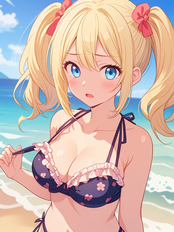 masterpiece, best quality, highres, hmaw4, double bun, black , collarbone, <lora:abigail_v1:0.8>, beach, (:1.1), arms behind back, smile, open mouth, , standing