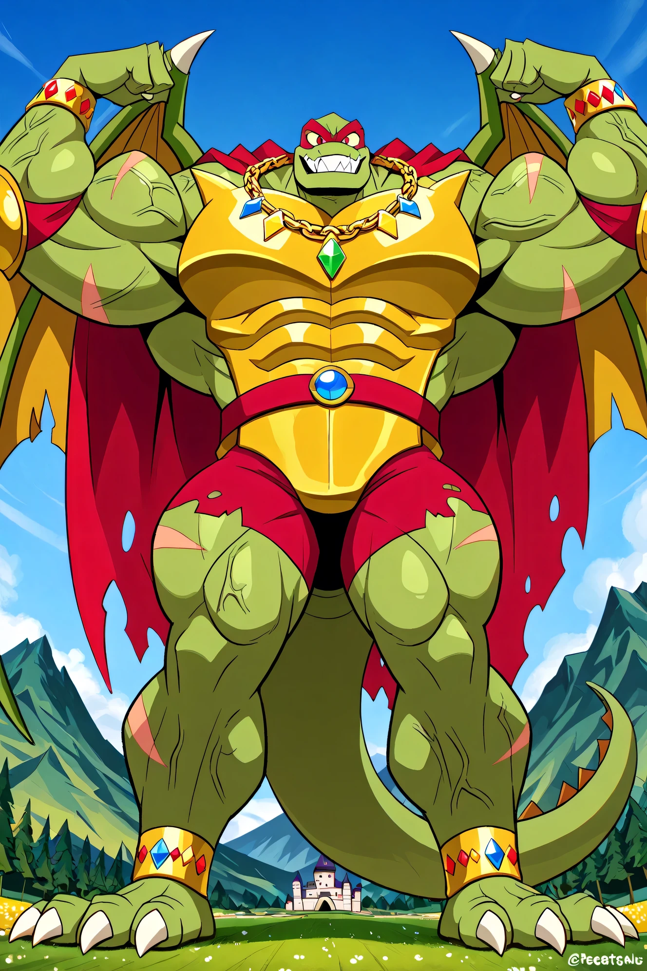 A Green​ Giant Max the crocodile as a weredragon, furry, (anthro), male, red eyes, looking at viewer, 2 biggest dragon wings ginomous biceps, enormous pectorals, detailed abs, muscular body, flexing his powerful muscles pose, bouncing pecs, muscular abs, (adult), wearing red underpants, long tail, standing, powerful smile, sharp teeths, sharp claws, solo, 1 boy, saturaded colors, giant size, macro size, scars, veins, 50-foot size, 100 feet tall, giant monster kaiju, castle background, field background, mountains and beanstalk behind, blue sky background, golden armor with colorful jewels, golden chest with colorful jewels, golden wrestler champions belt, Red headband, Golden wrist tape, Golden elbow pads, Golden kneepads, ripped red underpants, red underpants, bigger golden bracelets with colorful jewels, golden necklaces with colorful jewels, red tattoos, scars on the body, big feets, ripped very long red prince cape, cartoon, anthro, anthro male, green muscular body with ginormous biceps enormous pectorals and powerful abs, giant size, macro size, 50-foot size, 100-feet tall. 