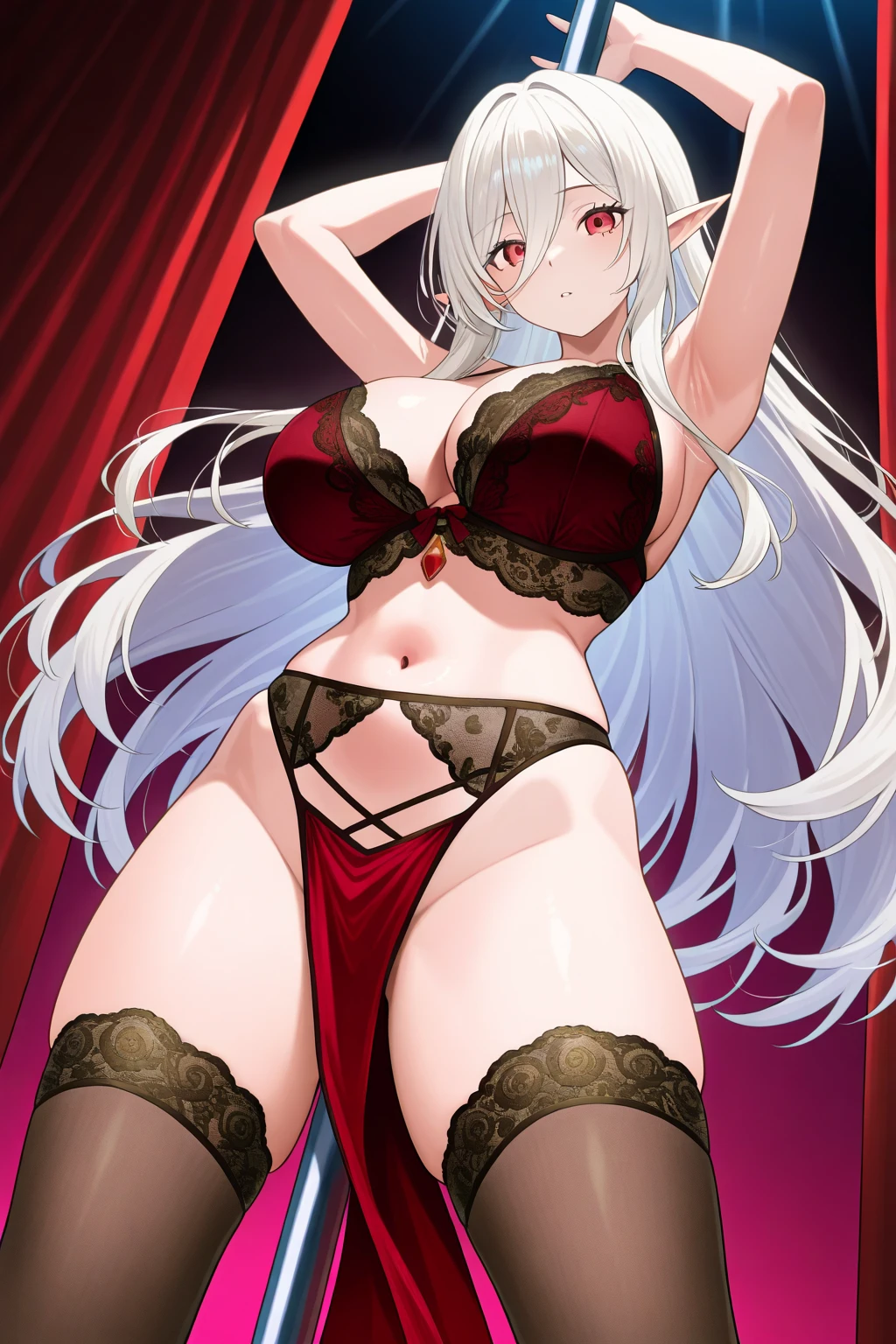 1 girl, 20 years,Young women,Beautiful finger,beautiful long legs,beautiful body,beautiful nose,Beautiful character design, perfect eyes, perfect Face,expressive eyes, Looking at the audience,(Focus on her Face),closure_Mouth, official art,Extremely detailed CG Unity 8K wallpaper, Perfect lighting,rich and colorful, bright_front_Face_light,Glowing skin, (masterpiece:1.0),(the best_quality:1.0), Ultra-high resolution,4K,Super detailed, photography, red ?????????,red lace, red bra, red ?????????, red lingerie, White_A, hAir ribbon, AntennA hAir, strAight long hAir, silver hAir