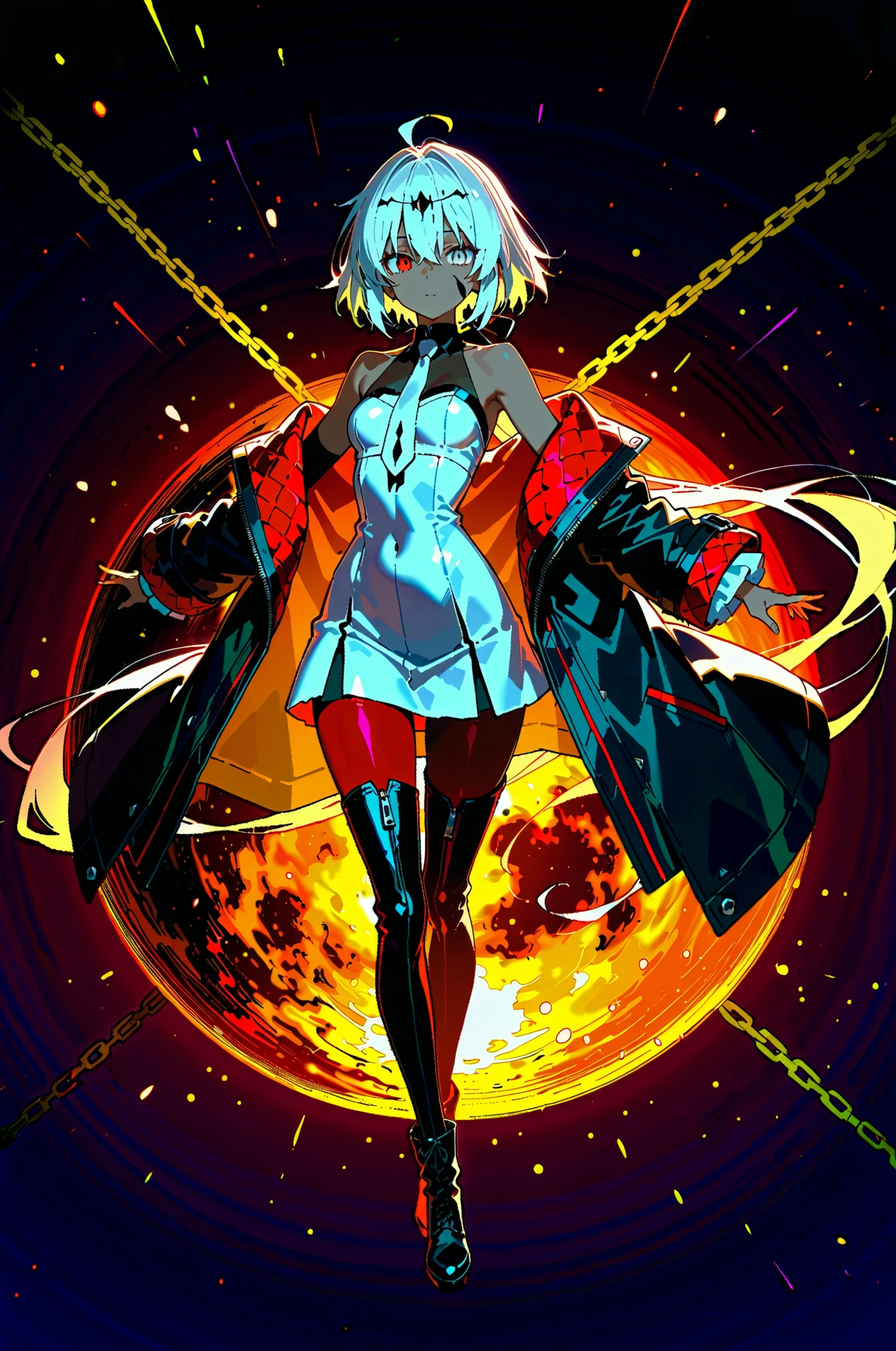 score_9, score_8_up, score_7_up, プロフェッショナルanime, HD, dynamic shading, masterpiece,  color balance , dynamic contrast, Image detail, Highest Quality, Great Quality, solo, masterpiece, anime, HD, 1 girl, (Fate Grand Orderのシェヘラザード), short girl, petite, wide hips, narrow waist, dark-skinned woman, dark haired, split bangs, very long hair, green eyes,  face mark , circlet,, BIG BREASTS, 傑1girl,solo,vita wanderer, short hair, hair ribbon,  hair between eyes, black footwear, white hair, blonde hair, white hair ornament, single hair ornament, heterochromia, red eyes, grey eyes, white eyes, small breasts, off shoulder, bare shoulders, white necktie, black halterneck, dress, white dress, jacket, long sleeves, wide sleeves, frilled sleeves, asymmetrical sleeves, two-tone jacket, chain, jewelry, red pantyhose, black thighhighs, leather legwears, boots, looking at viewer,emotionless,outstretched arms,purple blackhole,red blackhole,against backlight,floating,universe,light particles,
four fingers,