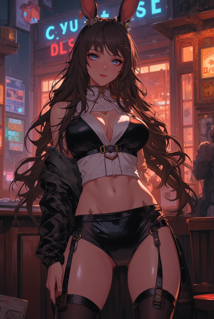 (​masterpiece、top-quality、hight resolution、Unity 8k Wallpaper、extremely details CG:1)、In a dimly lit nightclub, a provocative woman stands at the center of attention. She is wearing a long coat, ((which she has dramatically opened wide to reveal a scandalous outfit or just lingerie underneath.)) The woman is facing forward, looking directly at the viewer with a bold, teasing expression on her face. Her pose is confident and daring, exuding an aura of seduction. The background features typical nightclub elements such as neon lights, a bar, and silhouettes of other patrons. The overall mood is one of boldness, allure, and provocation. nsfw, ((evil grin))