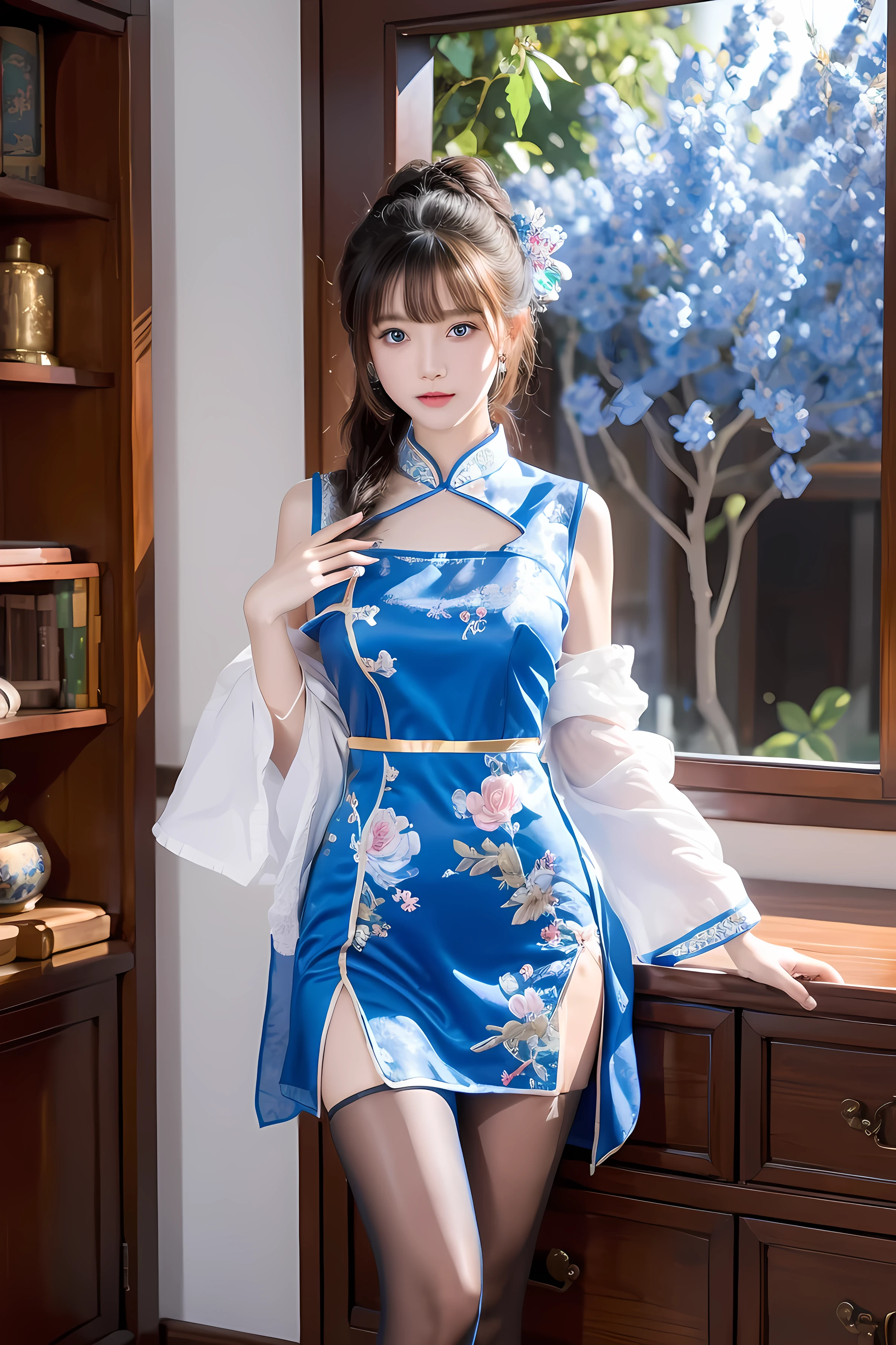 CHUNGSAM , 1 girl, blue bow, blue eyes, blue Flowers, Blue Ribbon, blue Rose, , Chinese Costume, Chinese Costume, dress, Flower, gradation by JM, gradation by JM background, embroidered ball Flower, watch the audience, small , pantyhose, Rose, braley to imasa, thigh pantyhose, Chinese paper fan with painting,