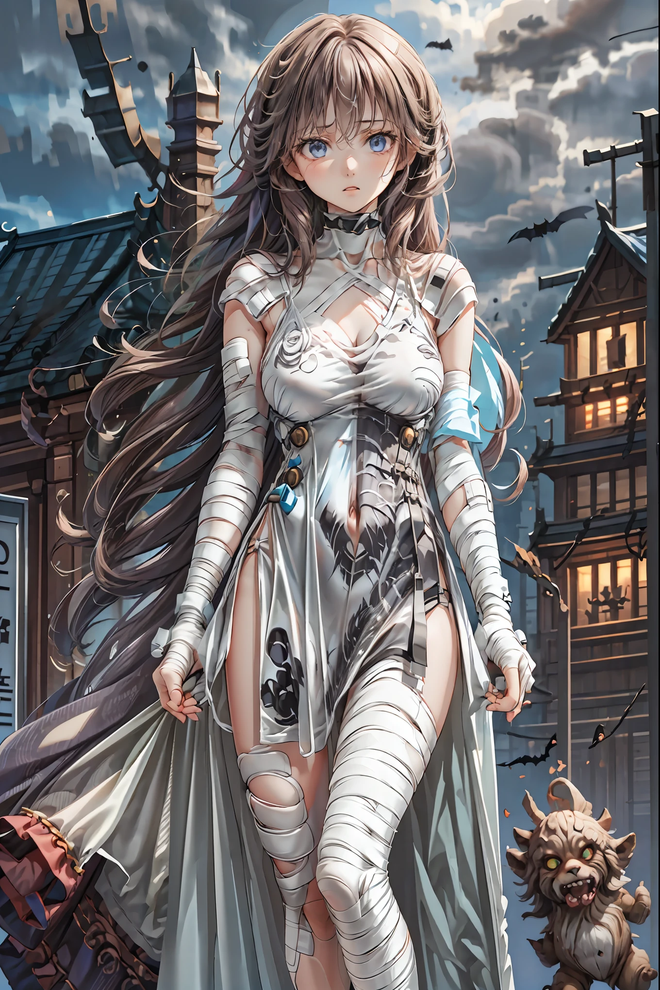 (((Bandage girl)))、Beautiful girl,Halloweenの夜,怪物に取り囲まれたCity, A girl being controlled by a monster , Transforming into a monster , A city filled with skyscrapers ,Cityの夜景
少女の傷付いた姿, A girl's expression is gloomy and gloomy ,frightened posture, A girl hiding her wounds with bandages , A monster's shadow creeps in the background , Surrounded by monsters ,Cityの高層ビルが立ち並ぶ夜景, A girl illuminated by the buildings , A dark, frightening atmosphere
masterpiece,4K,HDR,super precise,フォトreal,real,professional,vivid,horror,sf,dark,Halloween,dark atmosphere,fantastic,Gothic,City,Buildingscape