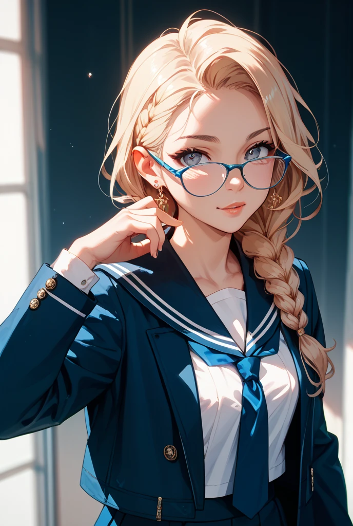 (masterpiece:1.2, top-quality), (realistic, photorealistic:1.4), beautiful illustration, (natural side lighting, movie lighting), 
looking at viewer, cowboy shot, (from below), (dynamic angle), 1 female, japanese, high school girl, perfect face, cute and symmetrical face, babyface, shiny skin, 
(long hair, single braid, blonde hair), hair between eyes, blue eyes, long eye lasher, (large breasts:0.6), sexy lips, , sexy, mature body, jk, 
beautiful hair, beautiful face, beautiful detailed eyes, beautiful clavicle, beautiful body, beautiful chest, beautiful thigh, beautiful legs, beautiful fingers, 
chairman, sailor suit, pleated skirt, glasses,
(beautiful scenery), evening, (cityscape:1.2), (walking), (lovely smile, upper eyes, open mouth small),