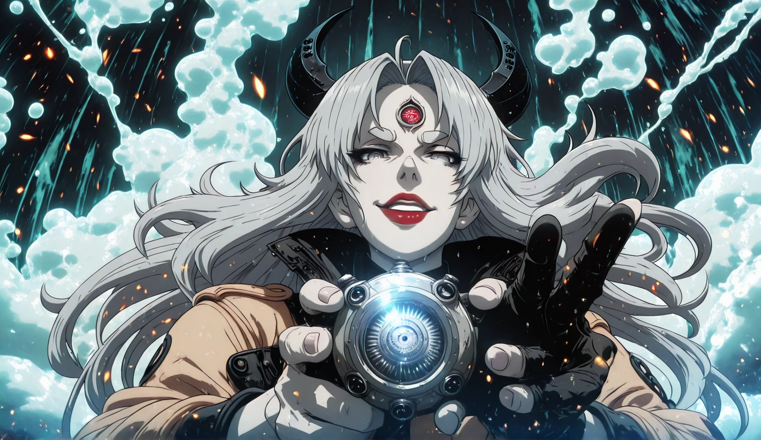 Ggstduel, Babu-style, Hgk, (butcha-u-style:1.2), (imizu_(nitro_unknown)-style:1.4), (gin_moku-style:1.2), (j.k.-style:1.3), (anime coloring, anime screencap), shiny skin, (voluptuous body:1.4), (mature female:1.4), (cellulite:1.3), ((anatomical correct)), ((Cinematic, unreal engine, eye-catching, ambient occlusion, UHD, masterpiece)), ((perfect lighting, soft shadow)), perfect body, perfect eyes, perfect fingers, gasping, heavy breathing, gasping profusely, ((skindentation)), ((curvy)), otsutsuki kaguya, grey hair, long hair, grey eyes, third eye, horns, red lips, (pale skin:1.2), plump, ((vignetting)), 1girl, looking at viewer, smug, ((naughty face)), bubble, holding, solo, upper body, parted lips, water, water drop, ((embers)), fisheye, Bokeh, wink, open mouth, wet, wet body, motion blur