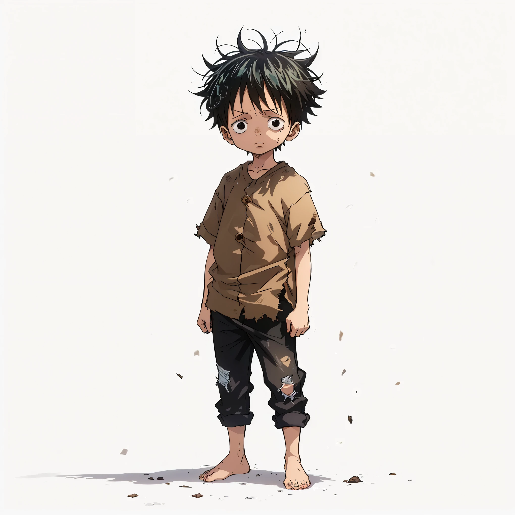 (male), (child boy), (slim body), (black hair), (messy hairstyle), (black eyes), (innocent expression), (barefoot), (hands at sides), (solo), (single character), (full body version), (white background), (no background), (highly detailed), (shadow), (standing pose), (natural light), (detailed outfit), (detailed hand), (detailed face), (detailed hair)
Wearing a worn-out brown shirt with torn edges, short patched pants, a little dirt on his clothes, giving the look of a poor village boy. (one piece style art)