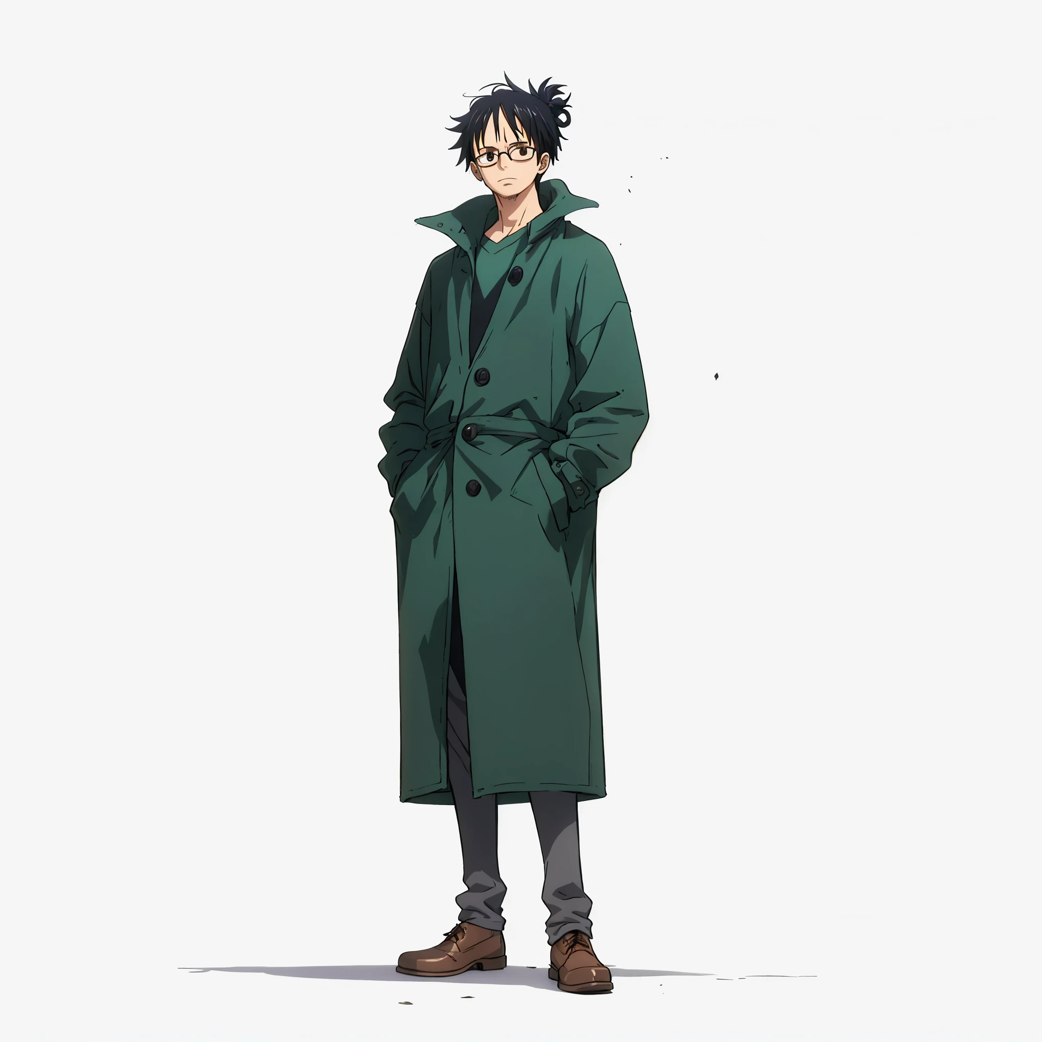 (male), (adult man), (slim body), (black hair), (medium slightly messy hairstyle), (black eyes), (clear glasses), (hands in pockets), (calm expression), (solo), (single character), (full body version), (white background), (no background), (highly detailed), (shadow), (standing pose), (natural light), (detailed outfit), (detailed hand), (detailed face), (detailed hair)  
Wearing a dark green long coat, black inner shirt, dark gray trousers, and classic brown shoes, giving a composed and intellectual modern look., (one piece style art)