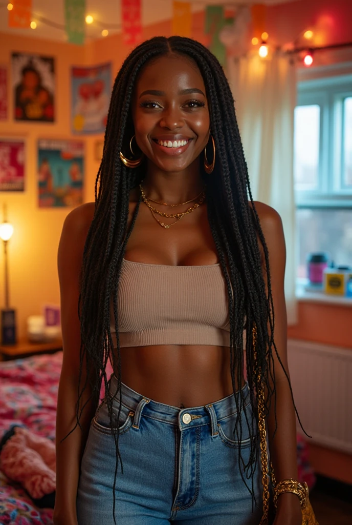 brown skin woman with long light brown hair wearing a white long sleeve tshirt, open abdomen, happy smile, black skin, upper body selfie, selfie, model pose, model