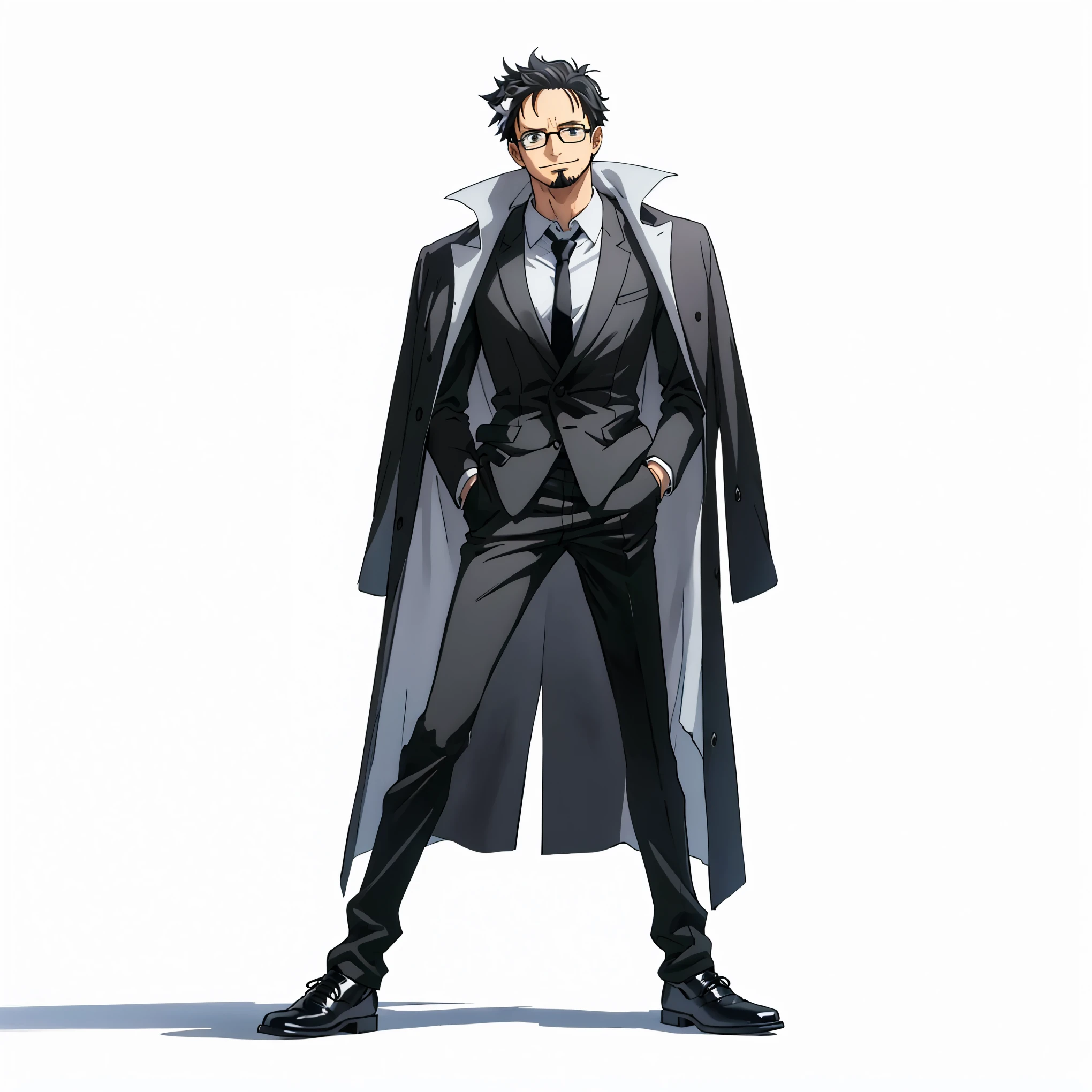 (male), (old man), (slim body), (black hair with gray streaks), (neatly combed hairstyle), (black eyes), (clear glasses), (gentle smile), (hands in pockets), (calm expression), (solo), (single character), (full body version), (white background), (no background), (highly detailed), (shadow), (standing pose), (natural light), (detailed outfit), (detailed hand), (detailed face), (detailed hair)  
Wearing a stylish dark gray formal suit with a white shirt and black tie, long coat draped over shoulders, polished black dress shoes, giving a dignified yet fashionable appearance. goatee, (one piece style art)