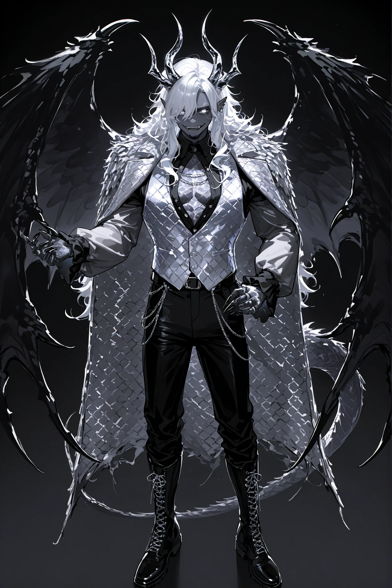 Male character it's a middle-aged mature dragon hybrid. He has darkest black-gray metallic skin, muscular, masculine build, and pointed ears. He has black metallic dragon scales, metallic horns , black-gray metallic scaly dragon tail with spikes, and darkest black metallic wings. He has toothy smile (vampire fangs) and snake tongue. He has white metallic eyes. He has longest darkest blue-black wavy hair. He's not shaved-he has a goatee and a Fu Manchu mustache. He is wearing a loose-fitting white unbuttoned blouse, frill, and poet's sleeves. Silver vest with dragon scale print. She wears black trousers with lacing on the sides. Hip-high black boots. A black feathered cape. He has black claws and silver rings. (In the background:a moonlit starry night in abandoned Gothic overgrown castle.)