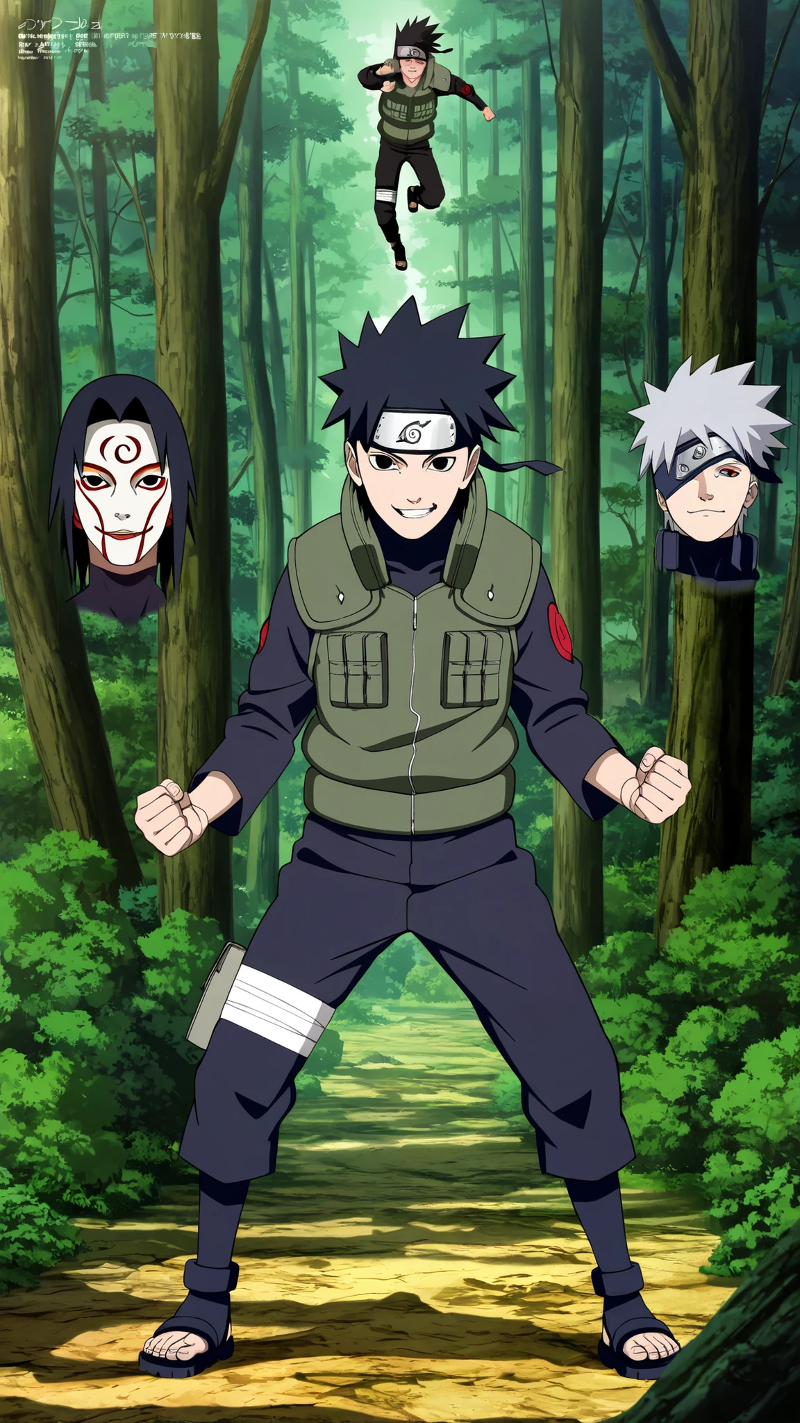 1boy,(Wearing a white Kabuki mask), anime characters in green vests and black pants standing in a forest, itatchi uchiha, kakashi hatake, kakashi, sasuke uchiha, choke smirk smile grin, itachi uchiha, itachi, detailed anime, highley detailled face, akatsuki akira, avatar image,masterpiece,best quality,amazing quality,professional quality ,very aesthetic ,newest,scenery, ultra detailed ,highly detailed ,intricate , absurdres , high resolution , 4K , 8K , unity 8k wallpaper , crisp quality , sharp focus , rich contrast , rating_explicit , official art, official style,source_anime,anime screencap,anime coloring,megami magazine,anime,animated, (((black hair,obito style hair))), jumping, full body 
