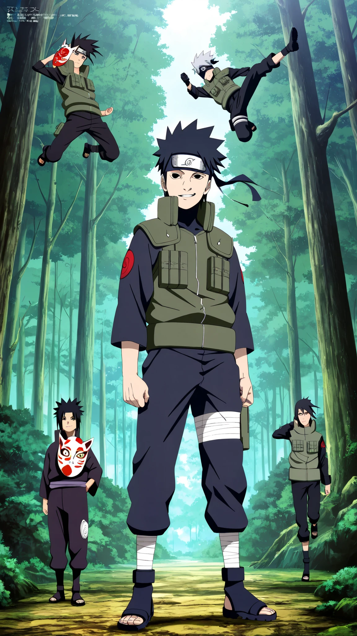 1boy,(Wearing a white Kabuki mask), anime characters in green vests and black pants standing in a forest, itatchi uchiha, kakashi hatake, kakashi, sasuke uchiha, choke smirk smile grin, itachi uchiha, itachi, detailed anime, highley detailled face, akatsuki akira, avatar image,masterpiece,best quality,amazing quality,professional quality ,very aesthetic ,newest,scenery, ultra detailed ,highly detailed ,intricate , absurdres , high resolution , 4K , 8K , unity 8k wallpaper , crisp quality , sharp focus , rich contrast , rating_explicit , official art, official style,source_anime,anime screencap,anime coloring,megami magazine,anime,animated, (((black hair,obito style hair))), jumping, full body 
