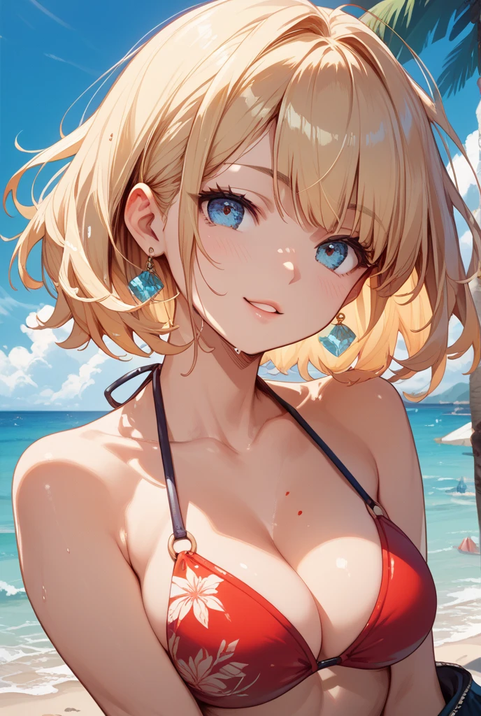 One Woman, Upper Body, ?????????????, Highest quality, Ultra HD, 4K, Married Woman, Red micro ??????, Beach, Super Resolution, Highly detailed contours, Highly detailed eyes, Cleavage, Forehead visible, Underboob, Sideboob, Ultra-small micro ??????, Beautiful ???????, Extremely beautiful, ???? body, Only cover the ???????, model, Mother, Details, Droopy eyes, Ample ???????, super beautiful, Beautiful blue eyes, Stylish, smile, Woman in her 40s, Adult ??? appeal, Adult charm, Married Woman, Shapely ???????????, 綺麗なCleavage, Adult face, Blonde, Bangs slicked back, short hair, 