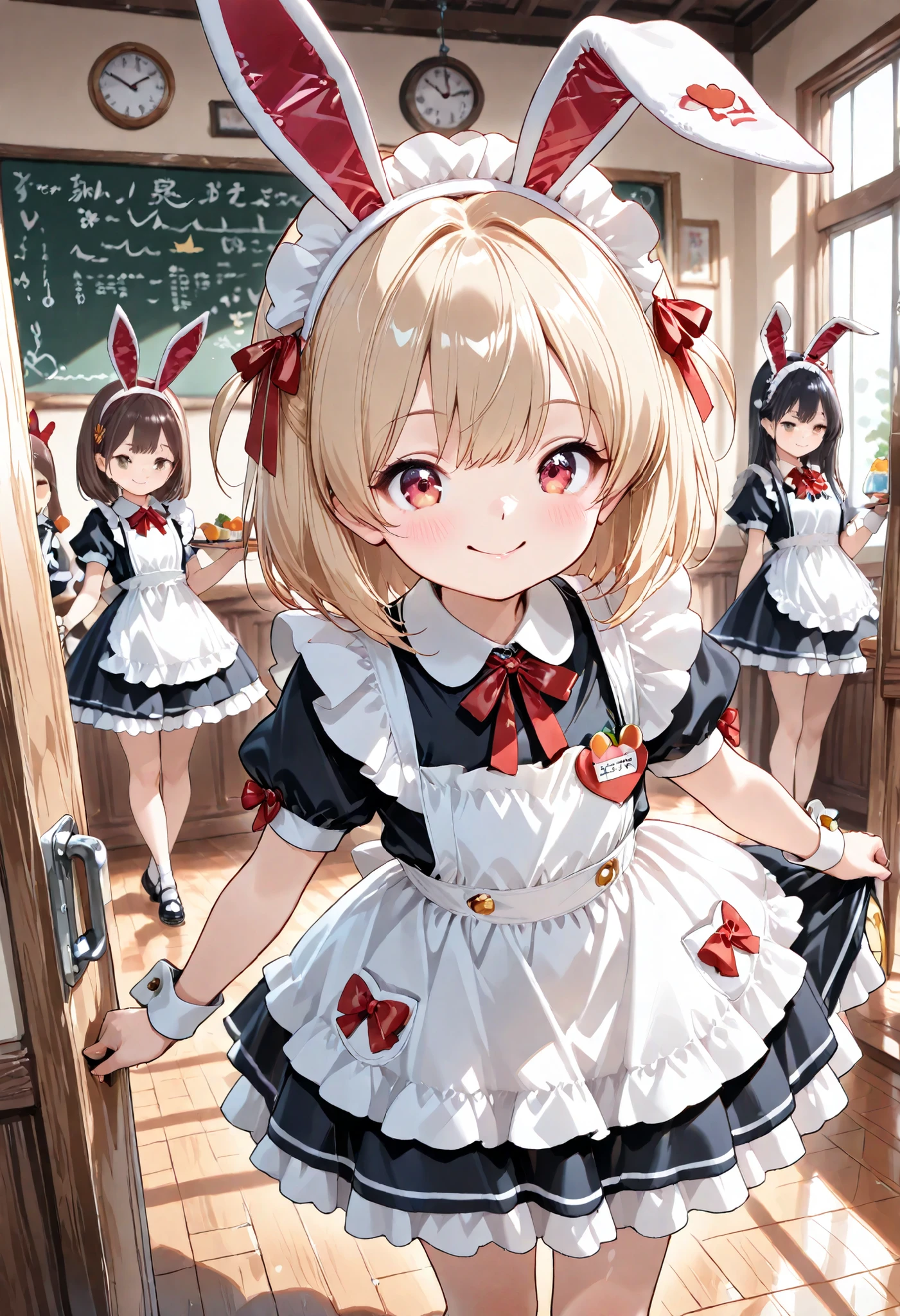 (high quality, Ultra Hi-Res, masterpiece, Super Detailed, 8k, fine-grained), At Kindergarten , School lunch time, (many young girls in maid clothes), ((very young)), bunny headband, Smile Yan, Bar atmosphere