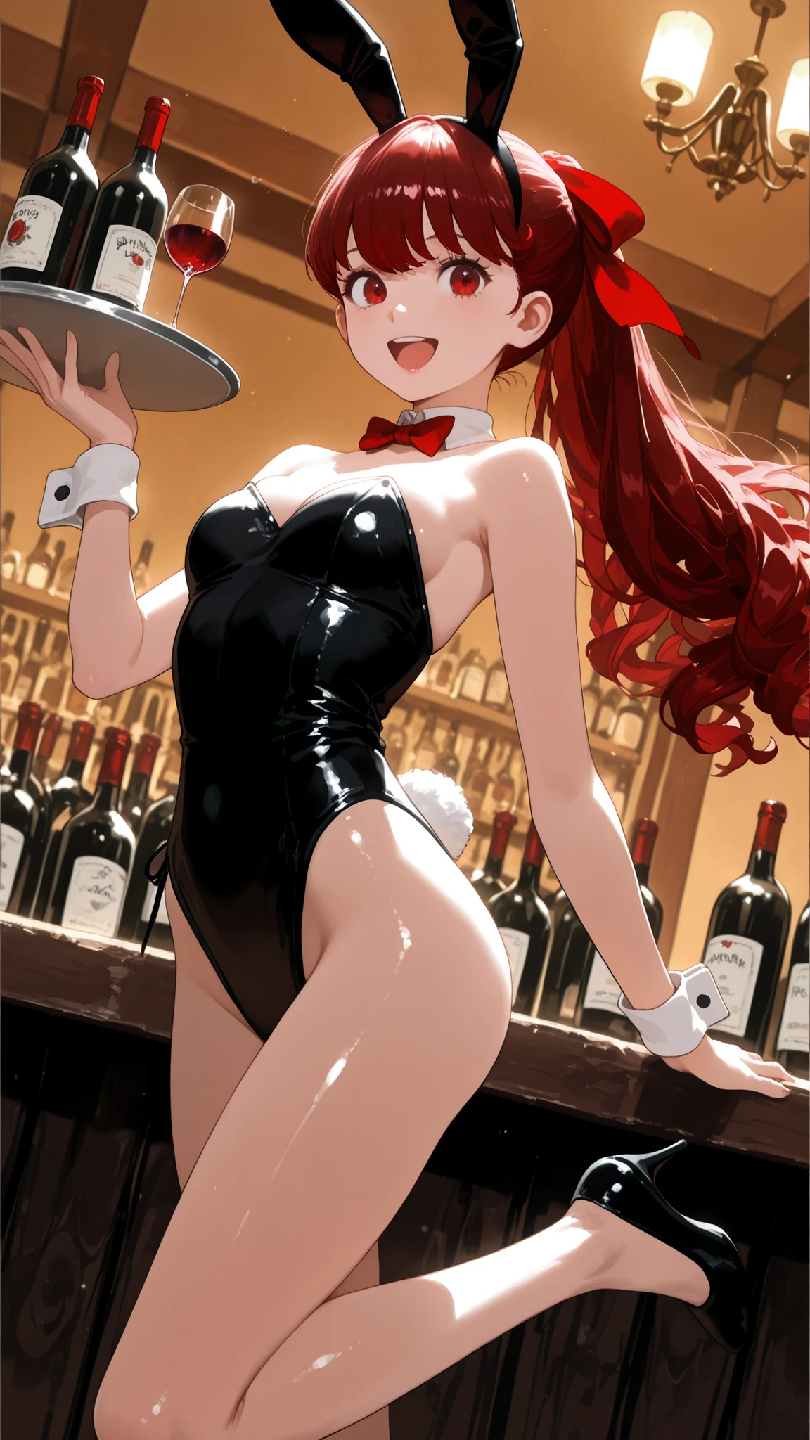 Kasumi Yoshizawa,bunny suit,happy open smile,Red Hair and Eyes ,eyes Reflection:1.6,Red Hair Bow,Long Shot, bend one leg,dynamic pose,Small Hips,Silver tray,big boobs:1.3,Rose brand wine:1.2