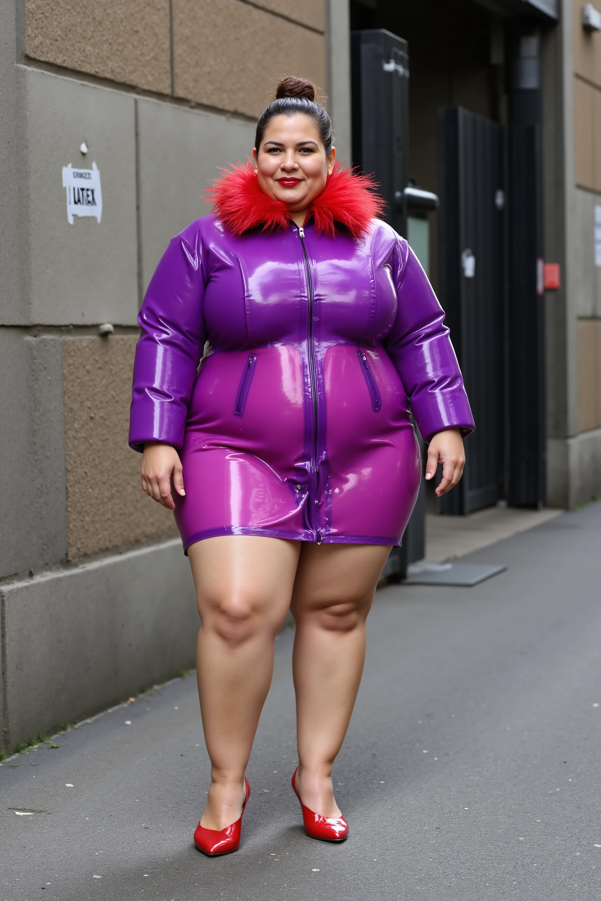 40 year old indian married women looking at the viewer, wearing a big heavy puffy purple vinyl shiny rubber winter coat with a red fur collar, big Fat ass wearing tight hot pink latex knee length shorts, wide hips,Big thighs, bulging clothes, Voluptuous Body,fat wide ass messy bun, red lipstick, smiling face,strap high heels made of polished red leather, standing at the side of a factory near a door that says “Danger: Latex”
