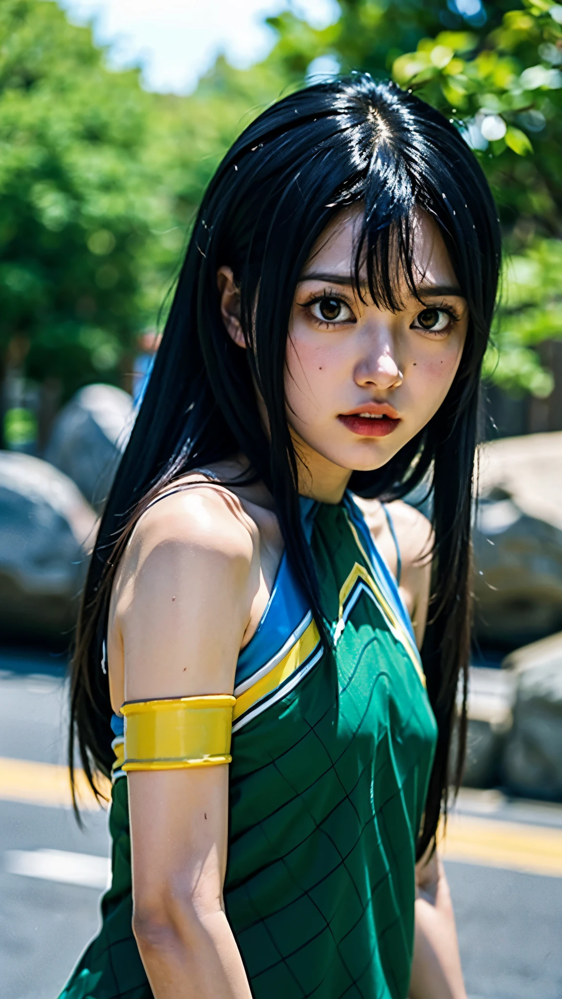 Wendy Marvell from Fairy Tail, half-body portrait, ultra-realistic and super detailed style, youthful and gentle expression, long dark blue hair with a silky texture, big brown eyes full of kindness, wearing her signature green and yellow outfit with blue ribbons, soft natural lighting, realistic skin texture, detailed fabric folds, cinematic depth of field, highly detailed background slightly blurred to focus on the character, realistic anime-to-real-life transformation, photorealistic masterpiece, blue hair