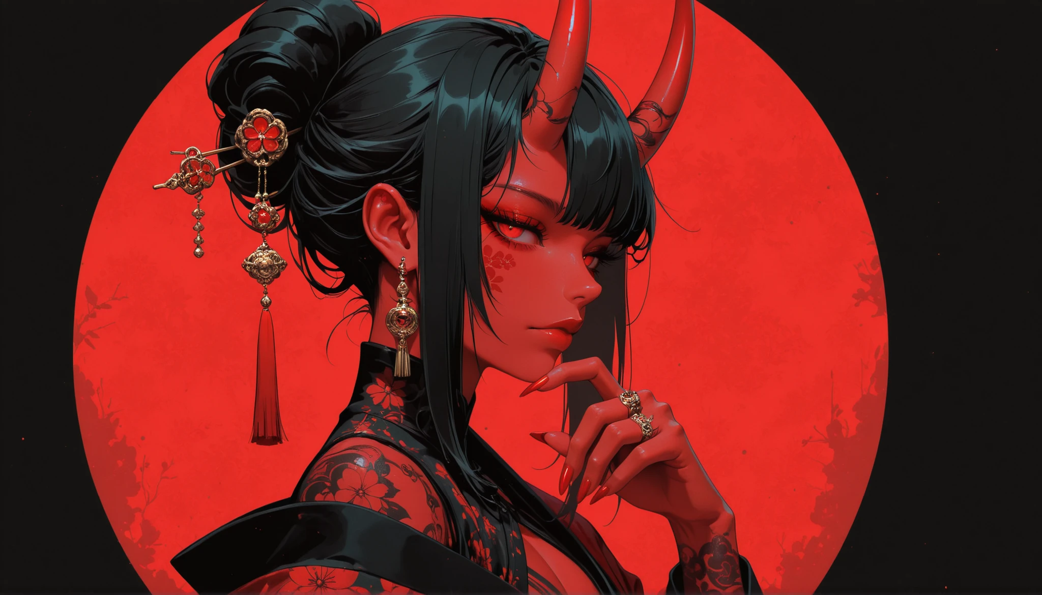 masterpiece, best quality, amazing quality, newest, very aesthetic, neomijicsteel, 1girl, solo, looking at viewer, black hair, long sleeves, hair ornament, red eyes, closed mouth, jewelry, upper body, male focus, sidelocks, earrings, horns, japanese clothes, hand up, kimono, off shoulder, hair bun, nail polish, from side, fingernails, eyelashes, lips, tattoo, makeup, colored skin, facial mark, floral print, pectorals, ring, single hair bun, black background, tassel, red background, red nails, two-tone background, eyeshadow, long fingernails, hairpin, oni, sharp fingernails, nose, eyeliner, red lips, hair stick, red kimono, hand on own chin, red horns, single bare shoulder, red skin, red theme, red eyeshadow, finger to own chin, very long fingernails