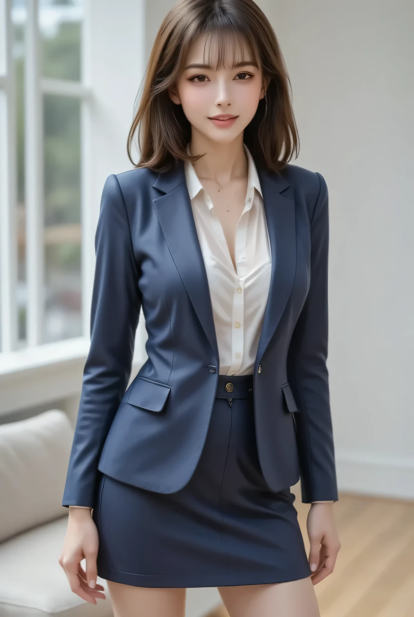 tailored jacket（Navy Blue、High-quality fabric、A woman with a beautiful waistline ）and a tight mini skirt 30cm above the knee（Same Material、elegant cut along the body line）A Japanese woman wearing。40 years old、big breasts and glamorous body line。white silk blouse inside the jacket、The top button is open。wavy shoulder length glossy black hair。cowboy shot（Thigh to top composition）。beige stylish pointed toe pumps。Full breasts and attractive thighs。background is contemporary art gallery、white wall and wooden floor、Soft Light Through a Large Window。professional magazine photography style、beautiful way of shining light。