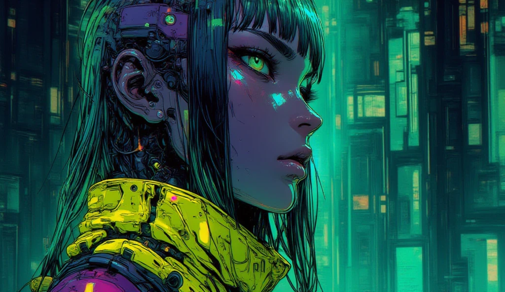 pretty women portrait 1950s poster style, vector-art(cyberpunk) (neon(yellow)     (blue)     (green)