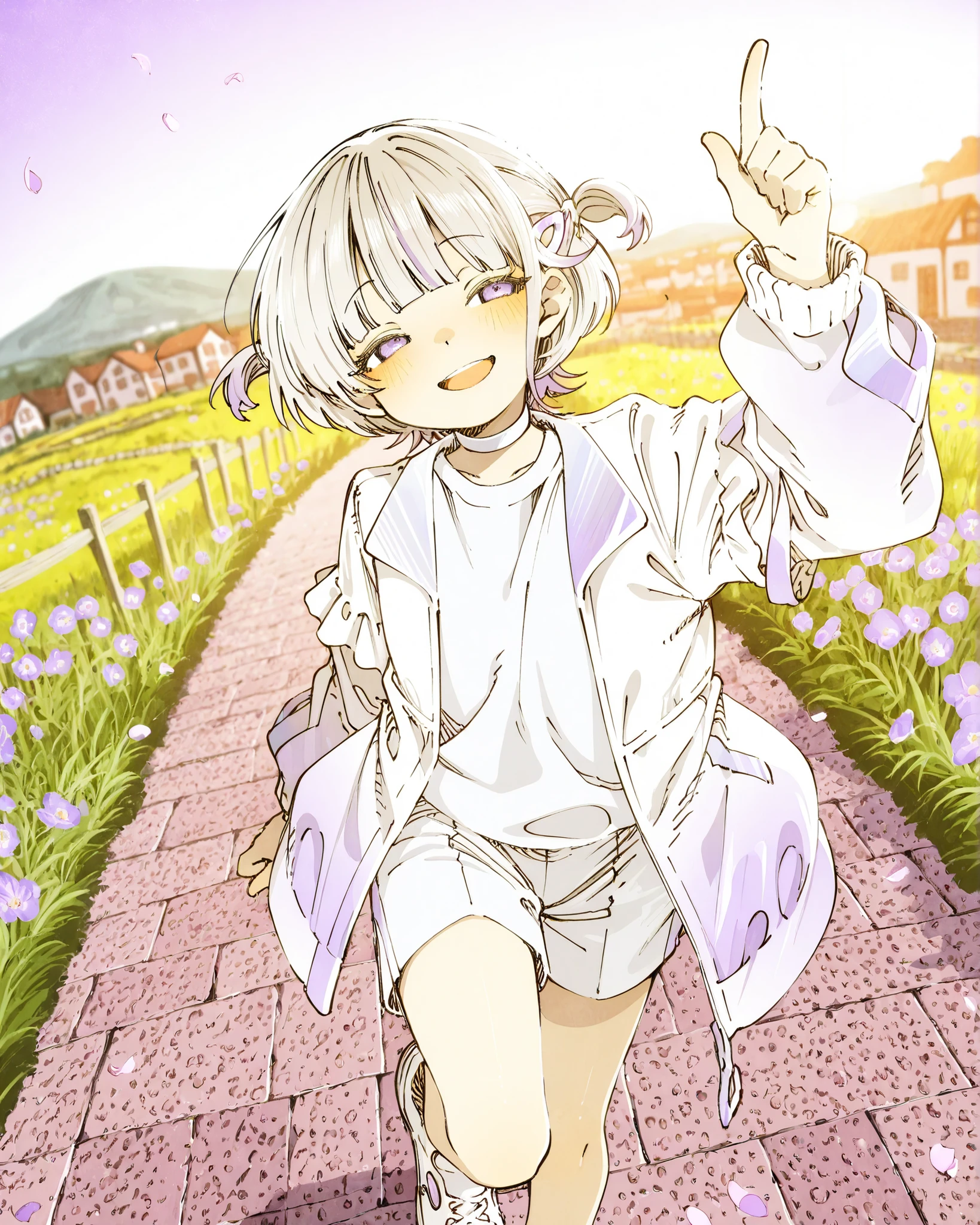 ((Todoroki hajime)), ((Abara Heiki style)), ((Masterpiece)), ((best quality, amazing quality)), (backlighting), ((very aesthetic, absurdres, newest)), ((detailed background, negative space, blurry background, depth of field, Asymmetrical background)), (dynamic angle, fisheye), ((1girl)), Cute young Girl, (Healthy Gaunt body, Textured skin, small , tilt head), multicolored hair, short hair, gradient hair, pale-purple colors Hair Tip, two side up, hairclip, loose blunt bangs, (white choker, white shirt, white jacket, gradient jacket, white shorts), white sneakers, BREAK big eyes, (pale-purple eyes, gradient eyes, averting eyes, looking at side), ( smile, open mouth, blush), ((pointing up)), loose walking, toe up, (on the hill overlooking the Rural town, beautiful and sparkling Rural town, outdoor), Beautiful flower painting ground, Floral graffiti, Tranquil Place, petals, wind blow, european architecture,