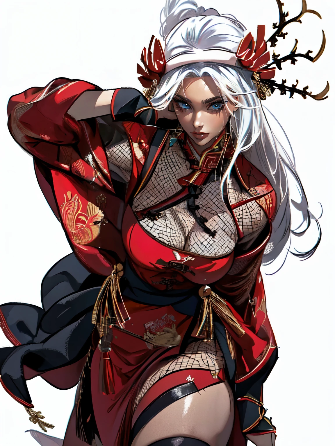(((no background))), attractive woman, a woman from the Three Kingdoms period, dark hair, Big breasts, ((revealing costume)), Solo, (((Three Kingdoms costume ))), ((black eyes)), (((Harmonious hands))), (((natural hands))), (((full body))), (((Solo))), ((fishnet stockings)), (((natural gaze))),, (cowboy shot:1.3), (((The red color on the white background is the highlight))), ((White hair)), ((Position where the skirt is raised slightly))