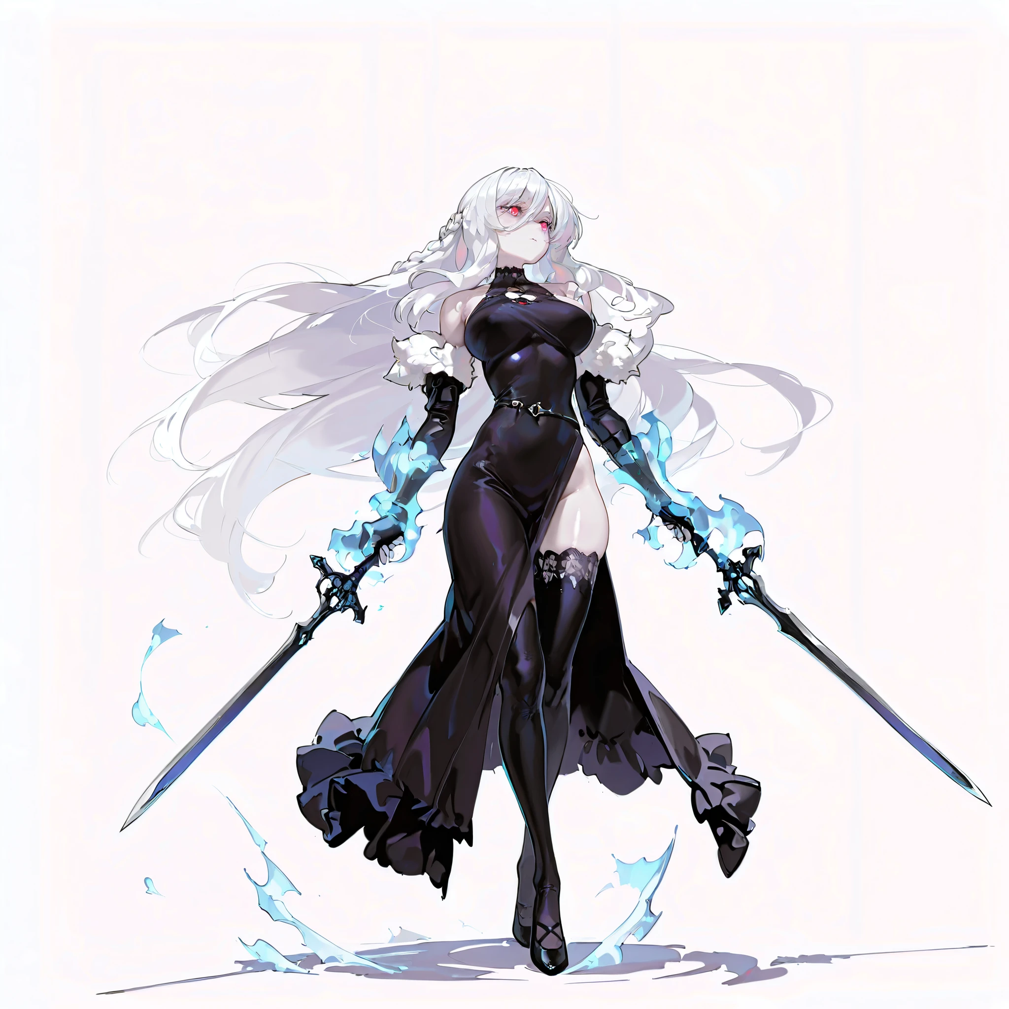 (((masterpiece))), (((Best Quality))), ((Ultra-detailed)), (High-Definition anime Illustration), ((extremely delicate and beautiful)), solo, Full body, wightmge, fantasy undead wight fighter girl, white shaggy hair, long hair, very long hair, gradient hair, braid, red eyes, calcified blind eyes, pale skin and mummified flesh! colored skin, black thigh-highs, distorted gauntlets, clawed gauntlets, ((she is held both hands with twin swords)),(slender)(Character Focus),highly detailed, Colorful, wearing ragged fighter gear and distorted mournful black dress, long skirt, full body standing, Whole body, (((white background)))