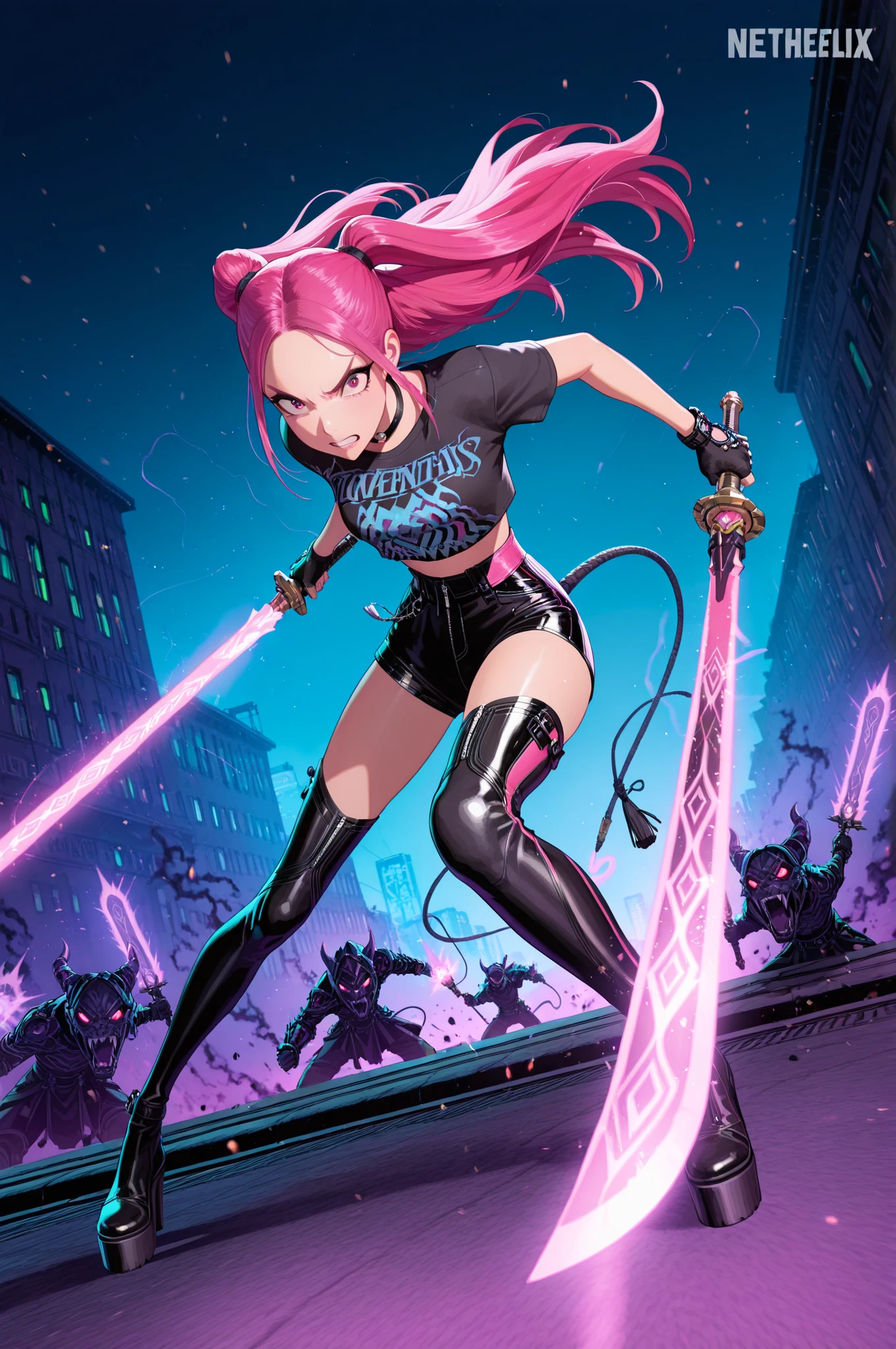 Dynamic action illustration of Mira, a fierce demon hunter with long bright pink hair styled in high twin tails that flow dramatically behind her mid-combat. She has sharp determined eyes with intense expression, flawless features, and an athletic build. She wears a stylized K-pop inspired combat outfit - sexy yet functional design mixing streetwear with tactical elements: cropped top or bodysuit with straps and buckles, high-waisted shorts or pants, thigh-high boots with platform heels, fingerless gloves. The outfit incorporates pink and black color scheme with metallic accents and glowing details.
Captured in explosive mid-action pose - leaping through the air, executing a powerful strike, or landing from an attack. Her twin tails whip around her dynamically. She wields stylized weapons (dual blades, enchanted pistols, or energy weapons) glowing with pink/magenta energy. Her expression is fierce and confident - the essence of "slay" energy. Surrounding her are demonic enemies - shadowy creatures with glowing red eyes, monstrous forms dissolving or being struck by her attacks. Dark smoke, energy blasts, and impact effects swirl around the combat. Debris and energy particles fill the air from the intense battle. Background: Urban nighttime setting - neon-lit city streets, dark alleyways, or rooftop with city lights below. Atmospheric lighting with strong rim lights outlining her silhouette, pink and purple energy glows contrasting against dark shadows. Cinematic action movie aesthetic with motion blur on movement, sharp focus on Mira. High-quality anime illustration with K-pop idol aesthetics meets action manga. Clean detailed line work, vibrant saturated colors, dynamic composition with dramatic angles. Glossy finish with lens flares and light effects. Color palette: hot pinks, deep purples, blacks, with glowing magentas and cyans for energy effects.
Mood: Badass confidence