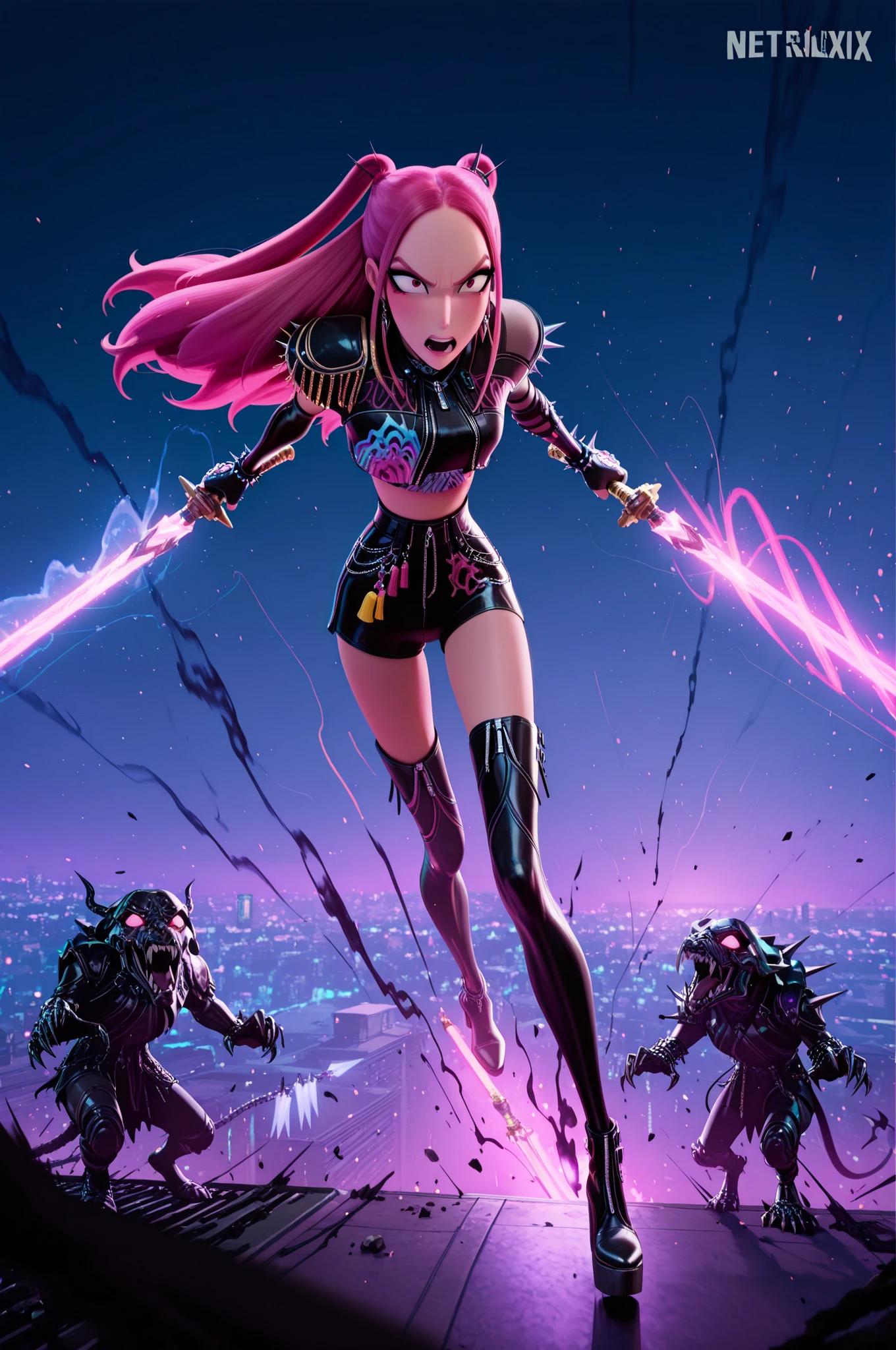 black bodysuit, fingerless elbow gloves, boots, earrings, jewelry, spiked bracelets, spiked hairpins, makeup, Dynamic action illustration of Mira, a fierce demon hunter with long bright pink hair styled in high twin tails that flow dramatically behind her mid-combat. She has sharp determined eyes with intense expression, flawless features, and an athletic build. She wears a stylized K-pop inspired combat outfit - sexy yet functional design mixing streetwear with tactical elements: cropped top or bodysuit with straps and buckles, high-waisted shorts or pants, thigh-high boots with platform heels, fingerless gloves. The outfit incorporates pink and black color scheme with metallic accents and glowing details.Captured in explosive mid-action pose - leaping through the air, executing a powerful strike, or landing from an attack. Her twin tails whip around her dynamically. She wields stylized weapons (dual blades, enchanted pistols, or energy weapons) glowing with pink/magenta energy. Her expression is fierce and confident - the essence of "slay" energy. Surrounding her are demonic enemies - shadowy creatures with glowing red eyes, monstrous forms dissolving or being struck by her attacks. Dark smoke, energy blasts, and impact effects swirl around the combat. Debris and energy particles fill the air from the intense battle. Background: Urban nighttime setting - neon-lit city streets, dark alleyways, or rooftop with city lights below. Atmospheric lighting with strong rim lights outlining her silhouette, pink and purple energy glows contrasting against dark shadows. Cinematic action movie aesthetic with motion blur on movement, sharp focus on Mira. High-quality anime illustration with K-pop idol aesthetics meets action manga. Clean detailed line work, vibrant saturated colors, dynamic composition with dramatic angles. Glossy finish with lens flares and light effects. Color palette: hot pinks, deep purples, blacks, with glowing magentas and cyans for energy effects.
Mood: Badass confidence