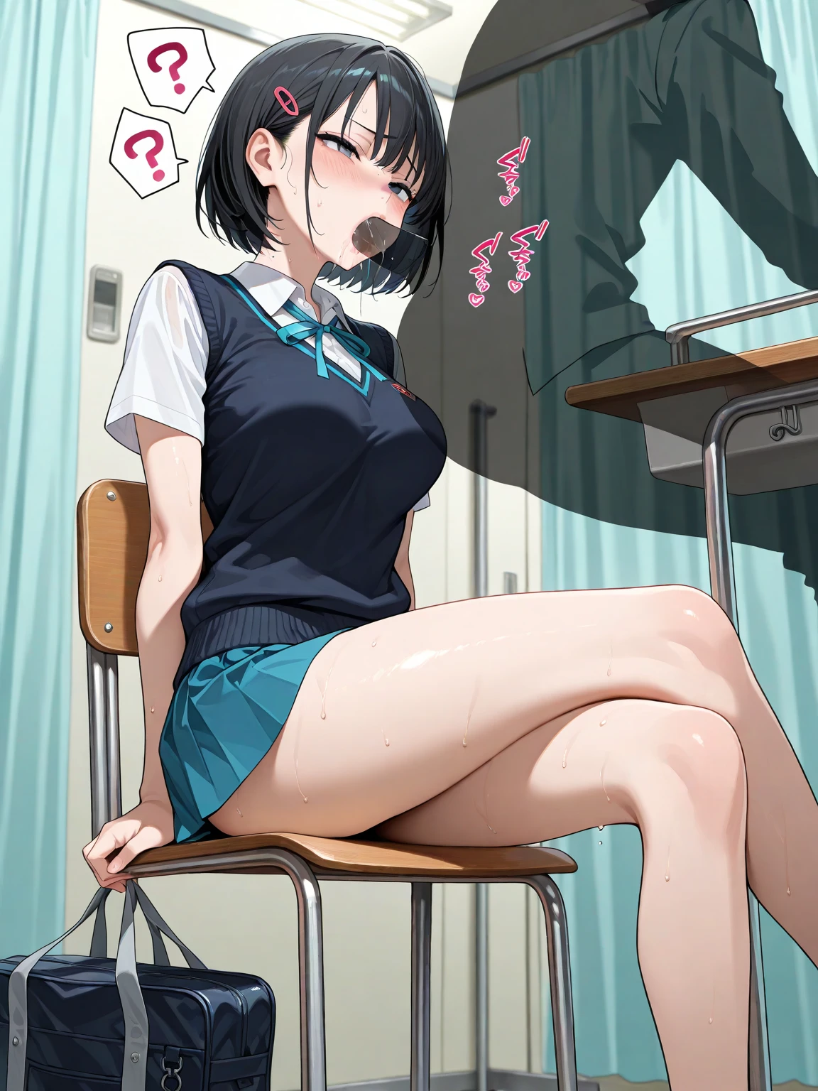 newest,nsfw,1girl,solo,White shirt ,black skirt ,thin, black stockings, red eyes, short hair, black hair, glasses, sitting on floor,blush,scared,from below,wetting self,, (masterpiece, best quality), extremely detailed