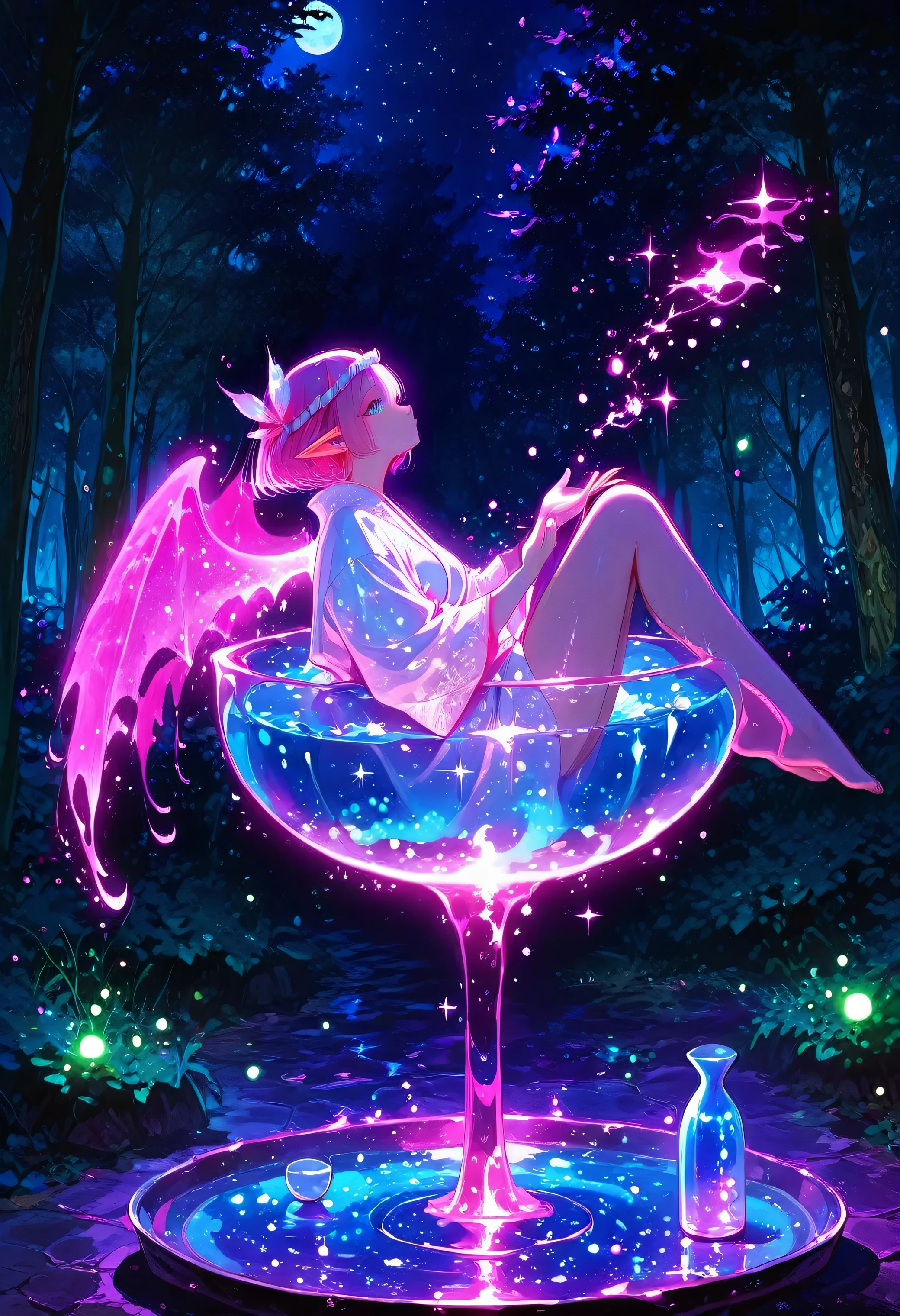 (beautiful girl: 1.3),masterpiece, Highest quality, Ultra-high resolution,rich contrast,super high quality,8k,Highly detailed CG unit wallpaper,texture,Incredibly absurd,Ultra-high resolution,RAW Photos,night,Moonlit Ocean,xss,Glitter effect,0__11Xx_illu,(glowing pink outline),beautiful elf,(The elf wife is busily carrying a tray with a sake bottle and small cups on it.),forest fountain,flock of fireflies,,nejiri hachimaki,flying,Beautiful Elf Feathers,short cut hair,blue eyes,(from side:1.3),(dark:2.0),Elves have beautiful, transparent wings,A natural spring in the forest