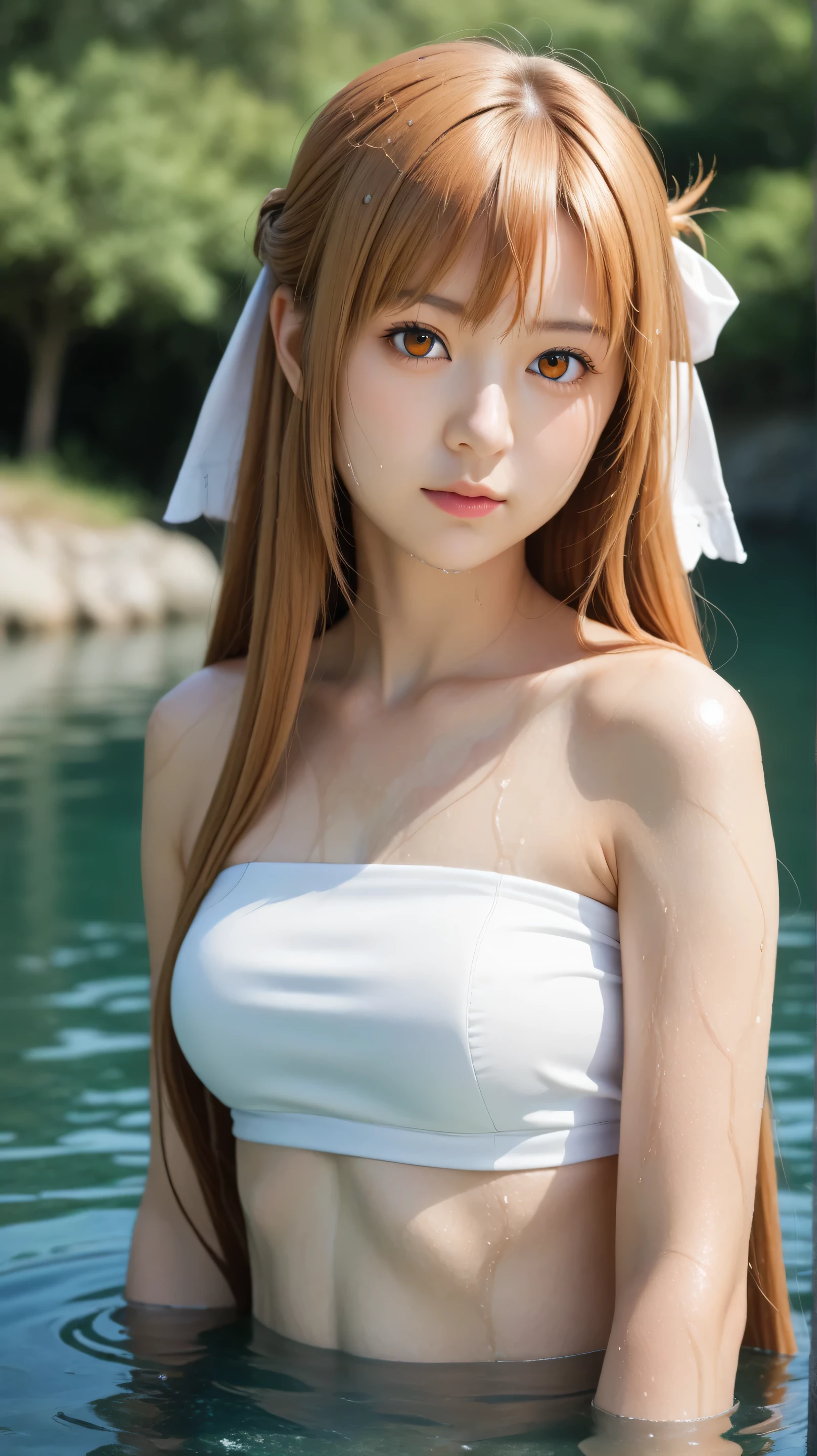 Masterpiece, best quality, 8k, ultra high resolution, photorealistic, cinematic composition.1girl, solo,asuna yuuki,orange eyes,outdoors,potrait,medium breast,(river background:1.4),oasis,(Bangs:1.3),parted bangs,close up,standing still,hair ribbon,long hair,(wear tube top:1.5),black glove,skirt,white dress,(stockings:1.4),(wet body:1.5),(half body submerged on water:1.5)