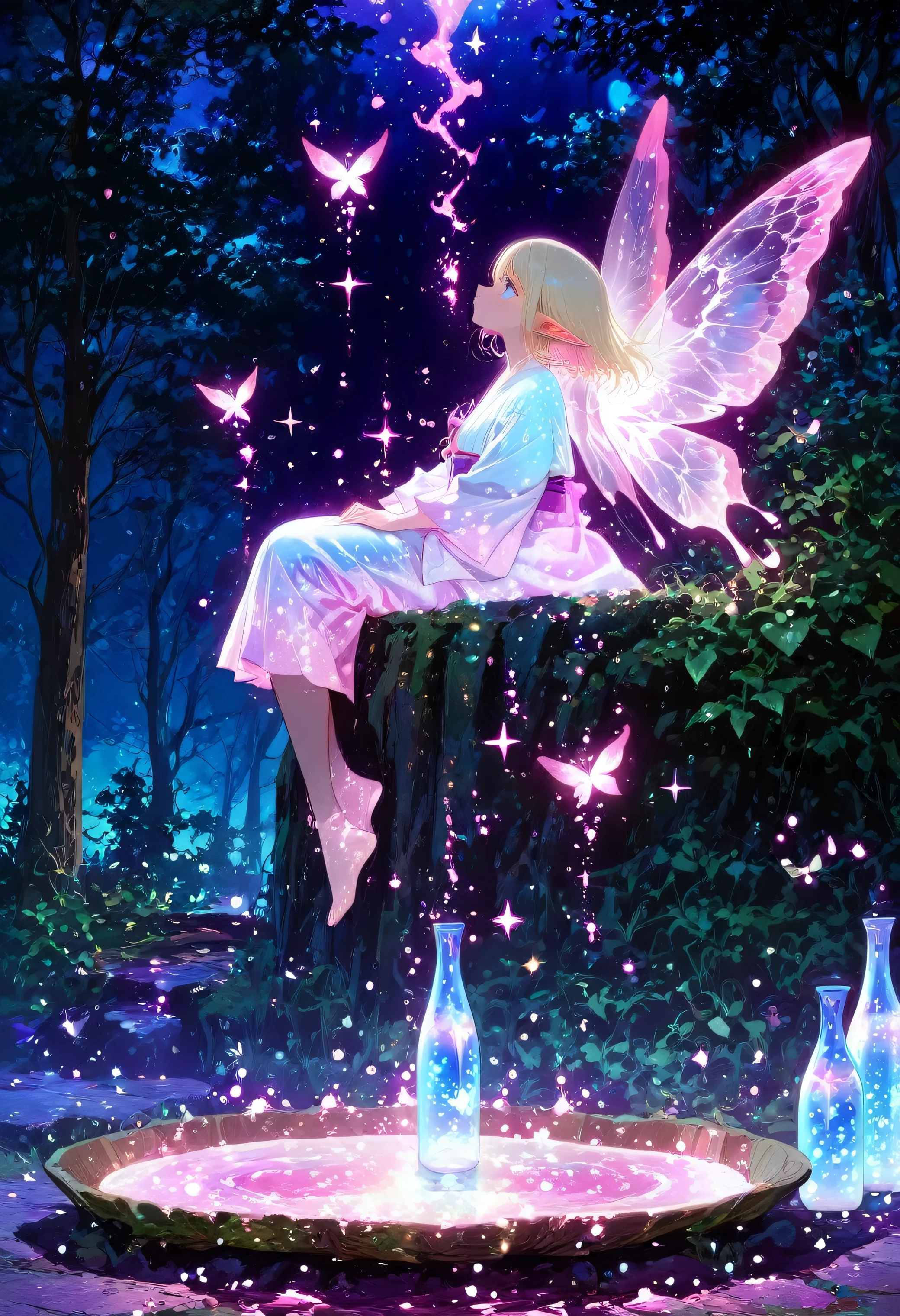 (beautiful girl: 1.3),masterpiece, Highest quality, Ultra-high resolution,rich contrast,super high quality,8k,Highly detailed CG unit wallpaper,texture,Incredibly absurd,Ultra-high resolution,RAW Photos,night,Moonlit Ocean,xss,Glitter effect,0__11Xx_illu,(glowing pink outline:1.1),beautiful elf,(The elf wife is busily carrying a tray with a sake bottle and small cups on it.),A natural spring in the forest,flock of fireflies,,nejiri hachimaki,flying,Beautiful Elf Feathers,There are many male elf customers.,short cut hair,blue eyes,(from side:1.3),(dark:2.0),huge stump,(Light iridescent, transparent butterfly-like wings:1.3),
