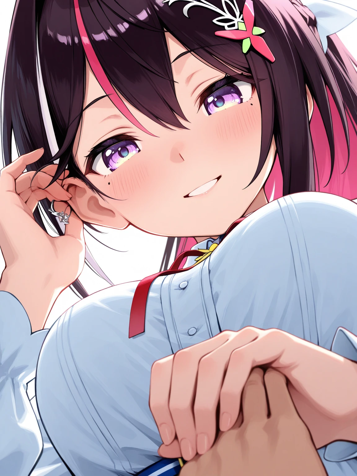 azki_(hololive), 1girl, solo, multicolored hair, pink hair, purple eyes, black hair, hair between eyes, white dress, brown dress, brown jacket, jewelry, long sleeves, x hair ornament, bangs, bracelet, long hair, streaked hair, hairclip, large ,smile, cat ears, cat pose
