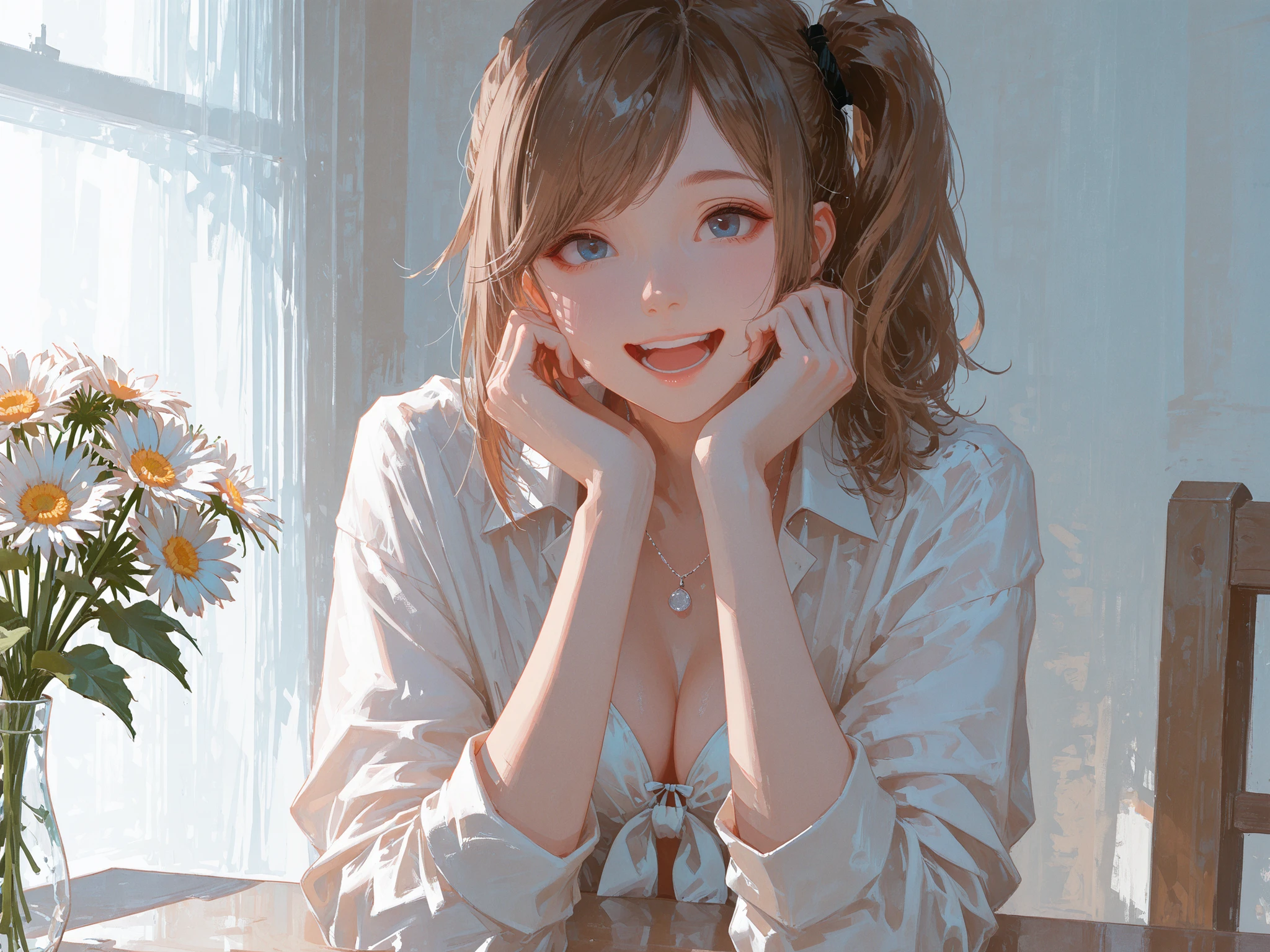 close up, front shot, looking at viewers, makes an aesthetic, Master piece, Best Quality, ultra detailed, a beautiful girl, solo, long brown hair, side ponytail, beautiful blue eyes, swept bangs, white front-tie top, silver necklace, a simple pierce, happy, laugh, head rest, white table, Several gerbera daisies are scattered on the table., stylish and modern room in background, bright, morning